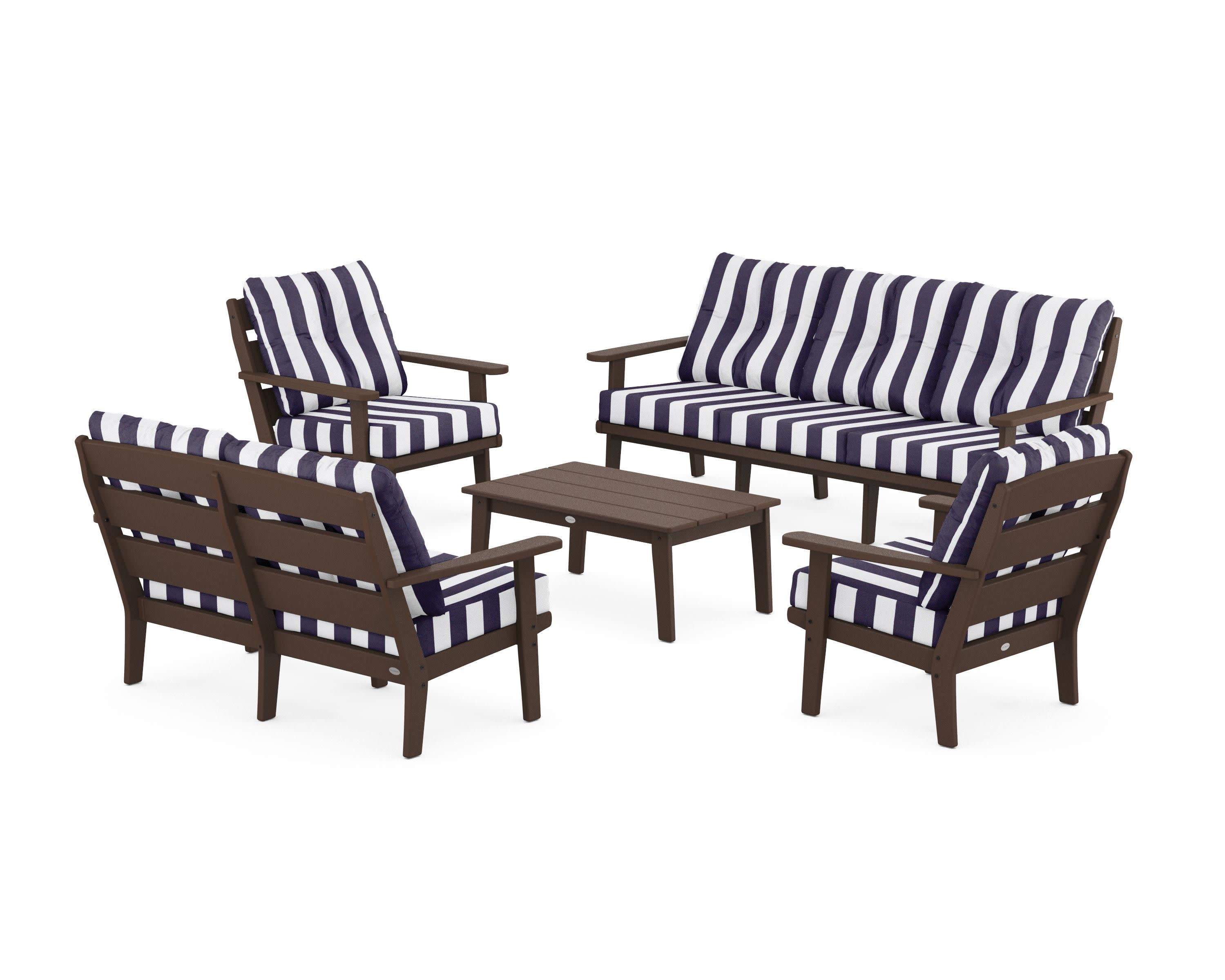 Lakeside 5-Piece Lounge Sofa Set in Mahogany / Cabana Stripe Navy