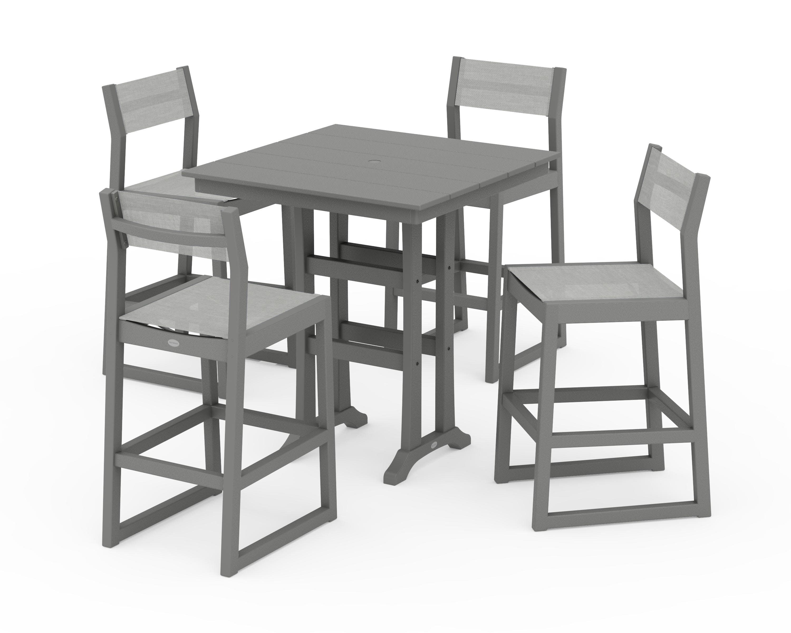 EDGE Sling Arm Chair 5-Piece Farmhouse Bar Set with Trestle Legs in Slate Grey / Metallic Sling
