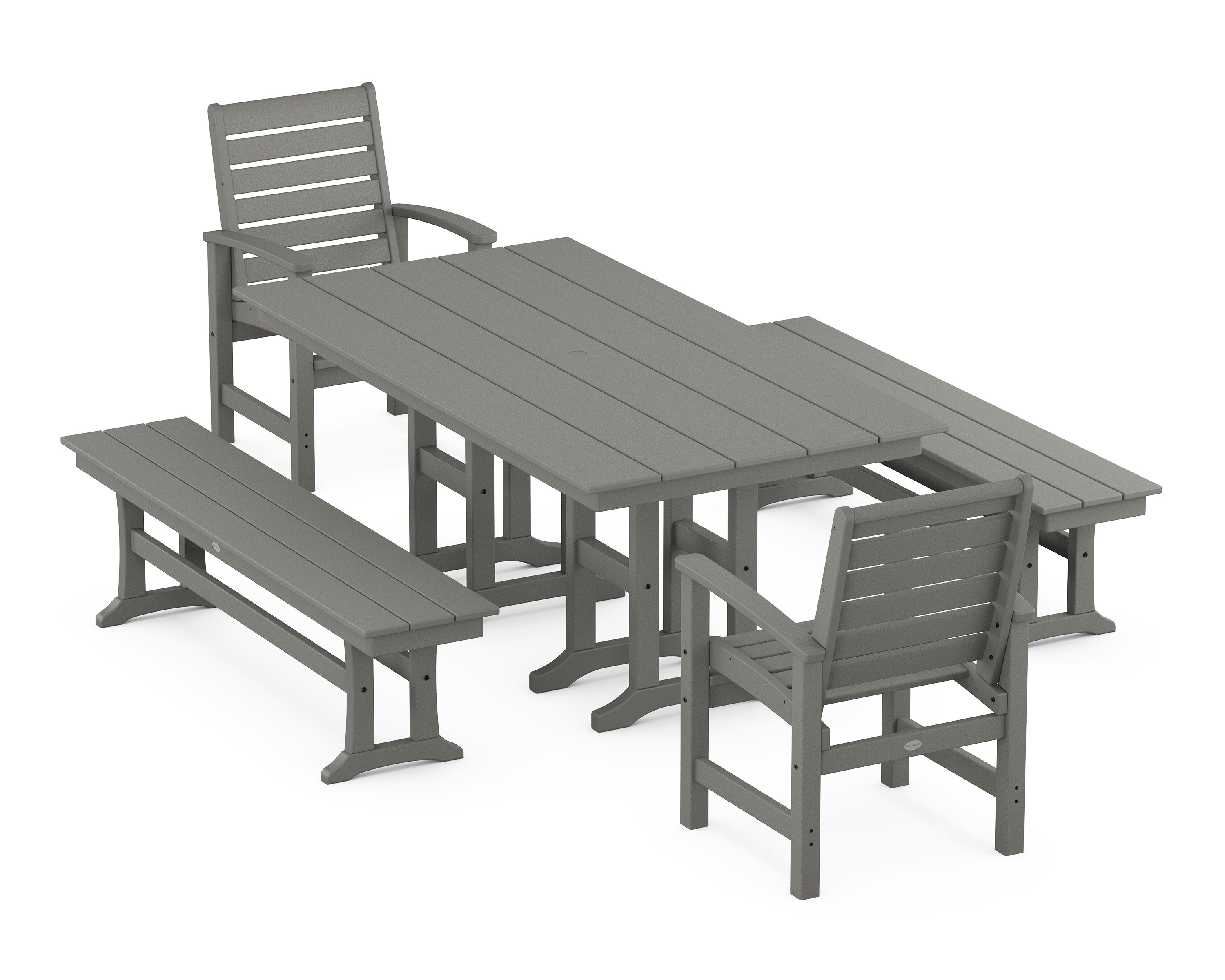 Signature 5-Piece Farmhouse Dining Set with Benches in Slate Grey