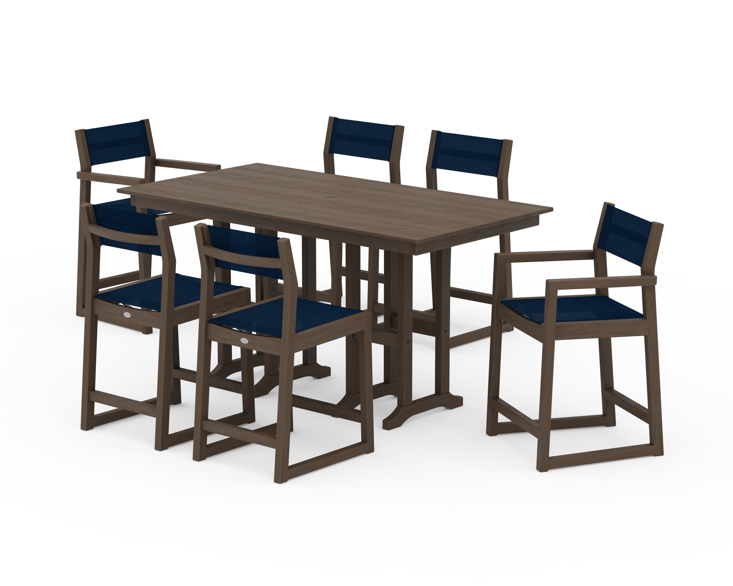 EDGE Sling 7-Piece Farmhouse Counter Set with Trestle Legs in Kona / Navy Blue Sling