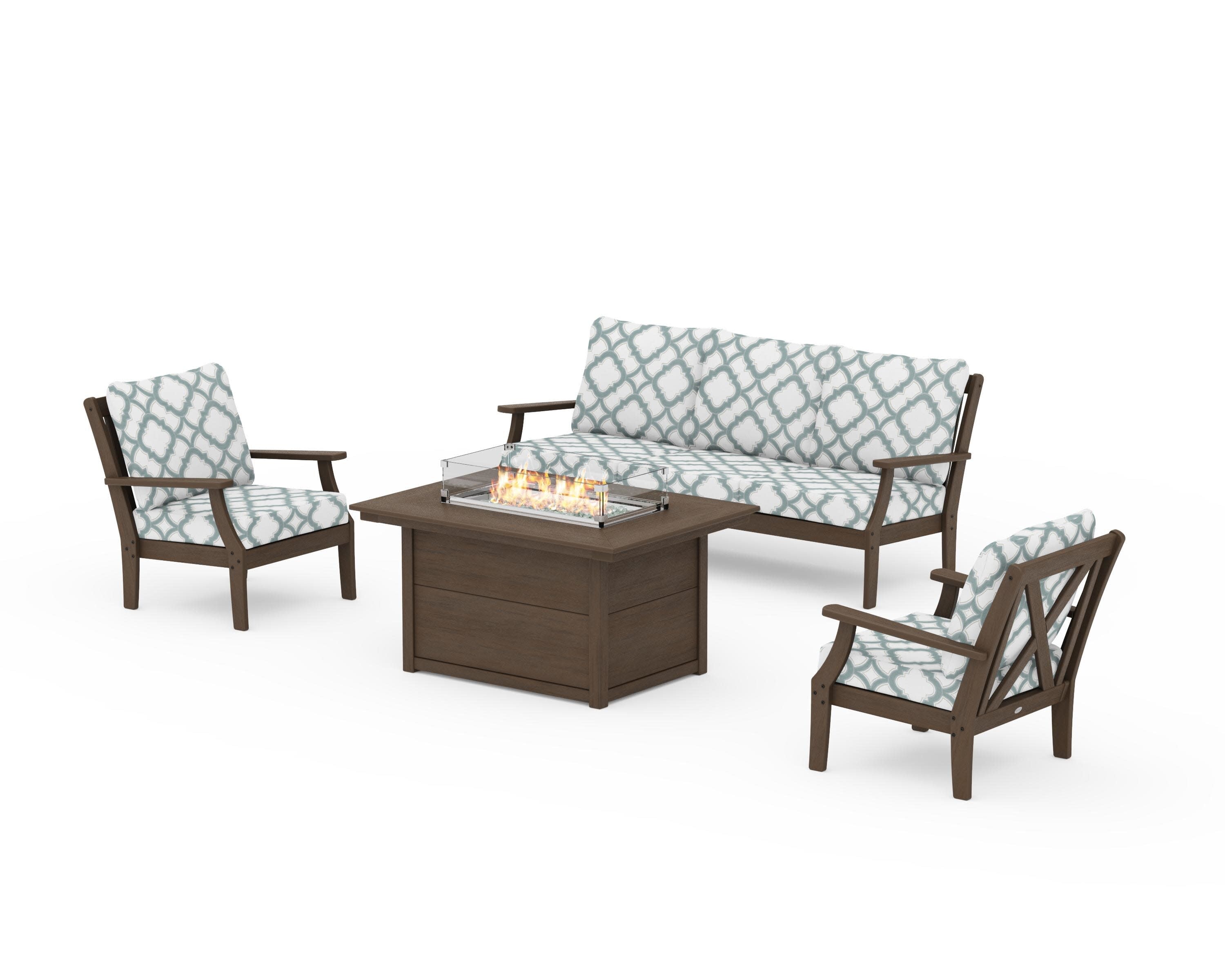 Braxton Deep Seating Fire Pit Table Set in Kona / Trellis Glacier Spa