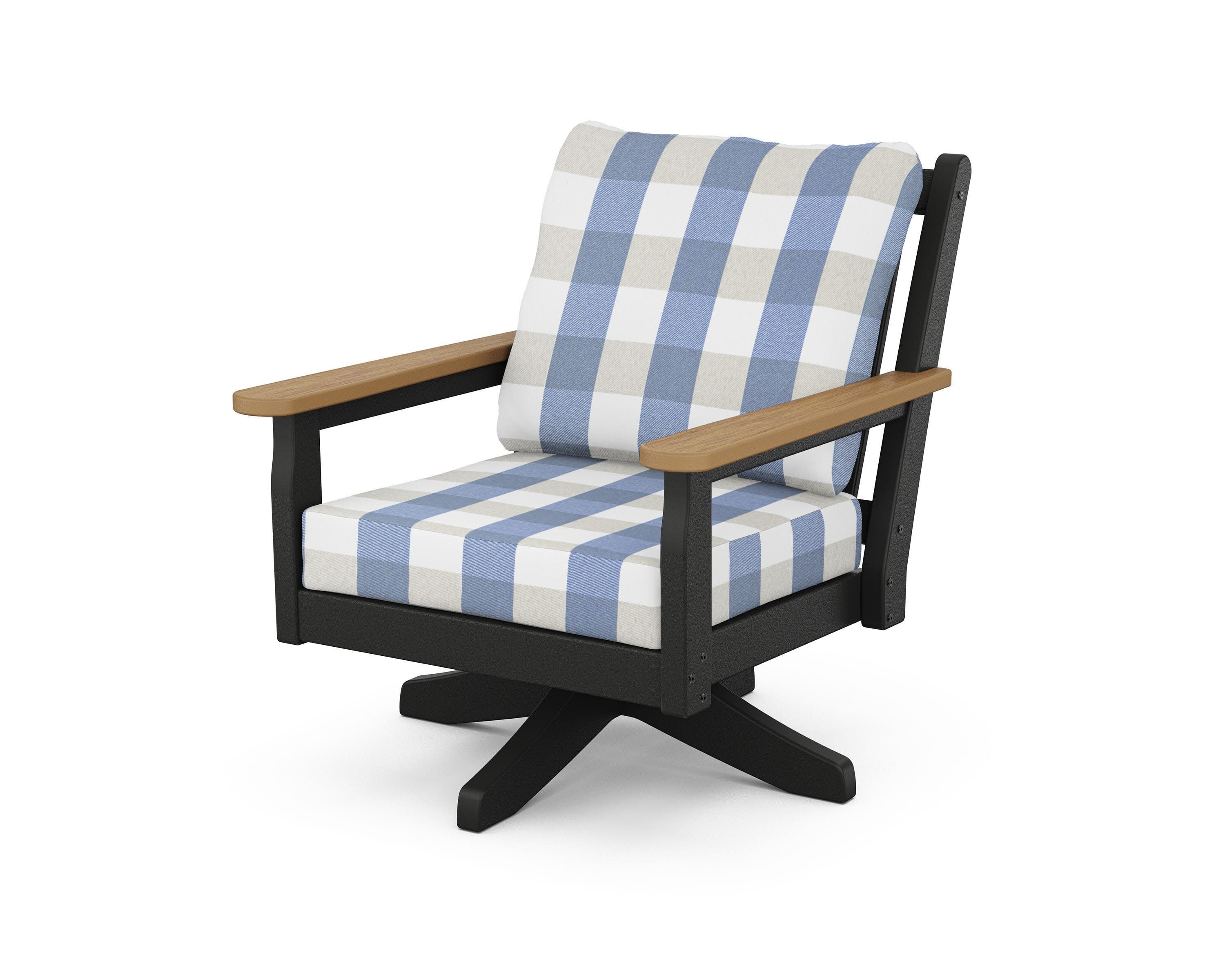Chippendale Deep Seating Swivel Chair in Black / Natural / Buffalo Plaid Sky Blue