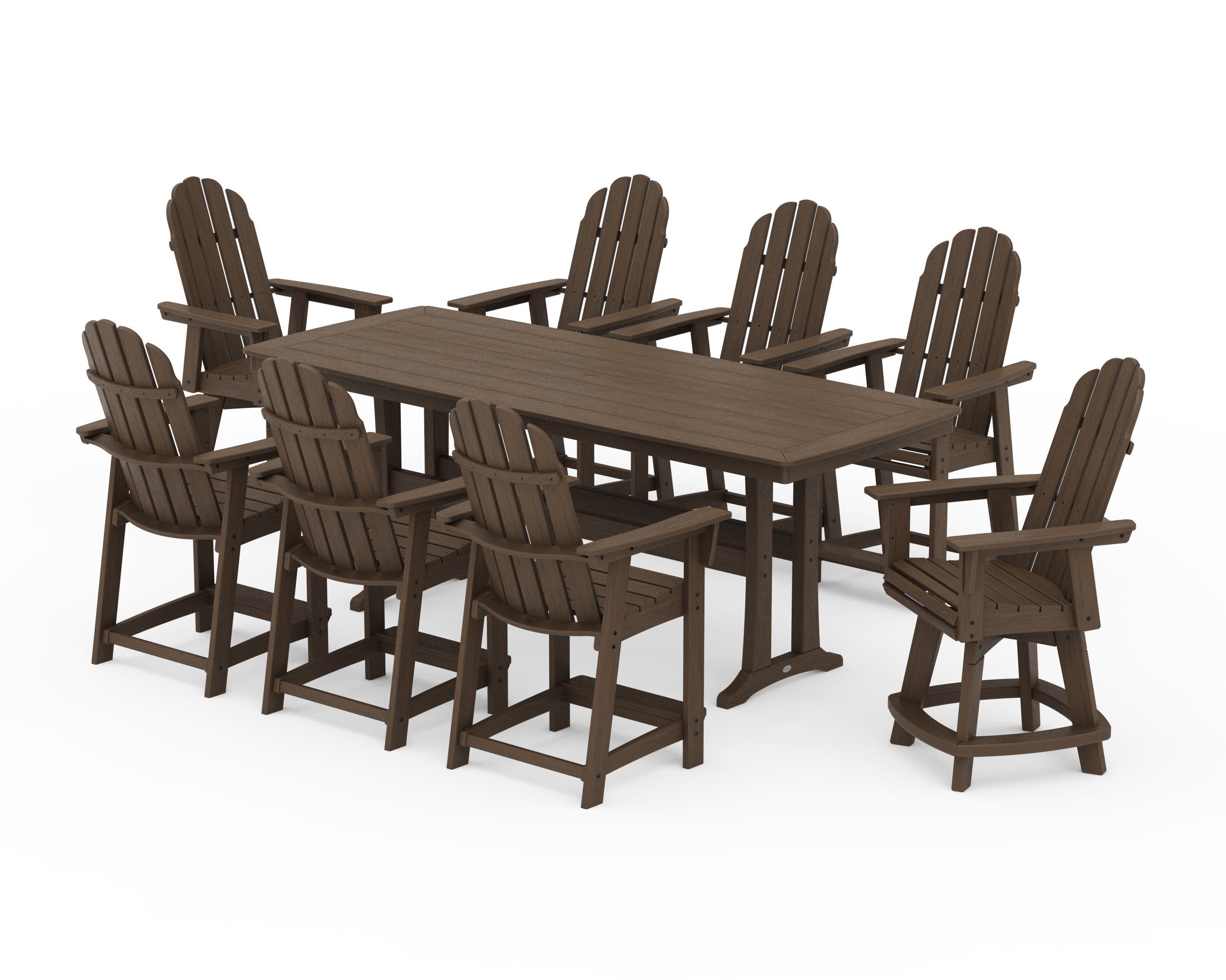 Vineyard Curveback Adirondack Swivel 9-Piece Counter Set with Trestle Legs in Kona