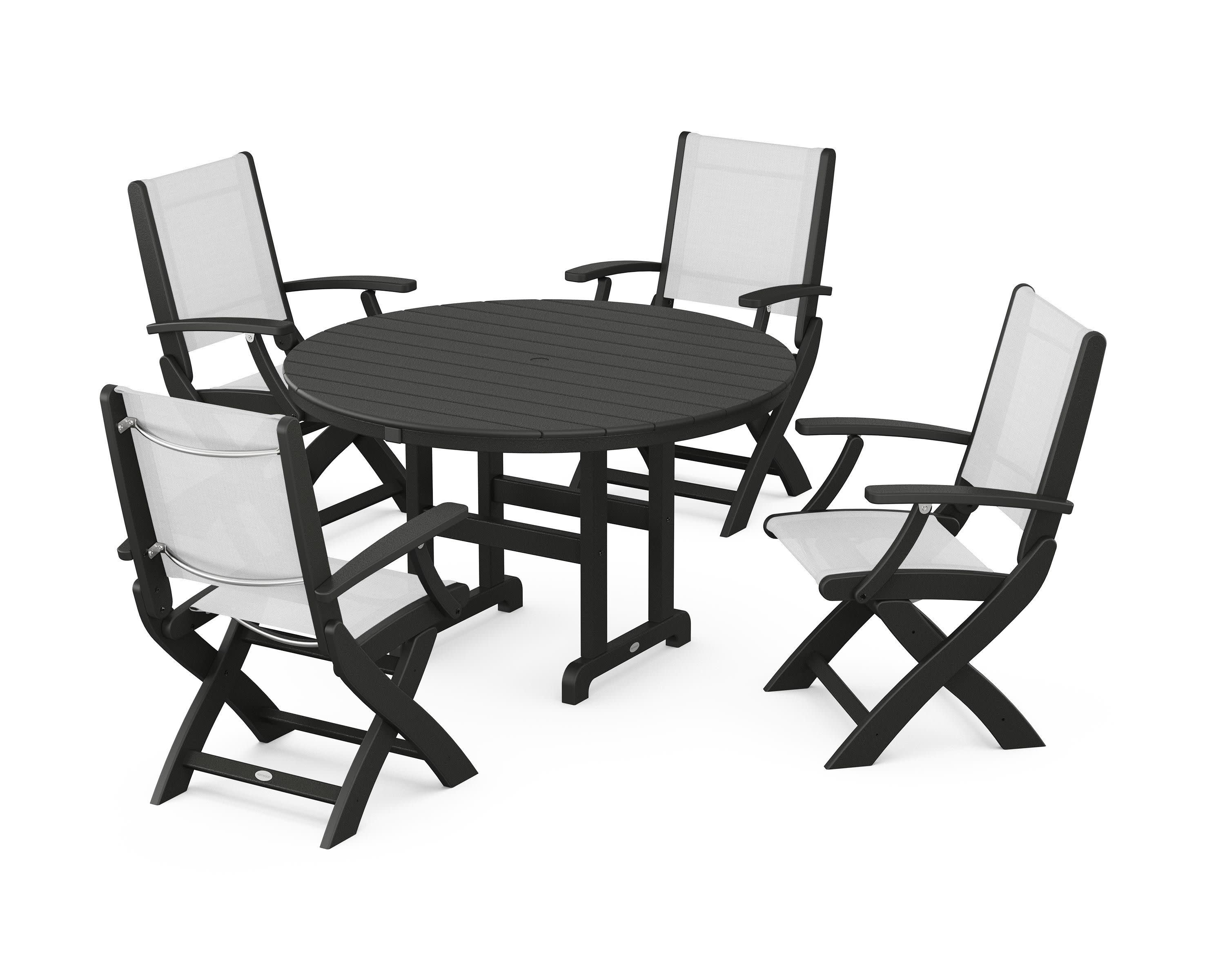 Coastal Folding Chair 5-Piece Round Dining Set in Black / White Sling