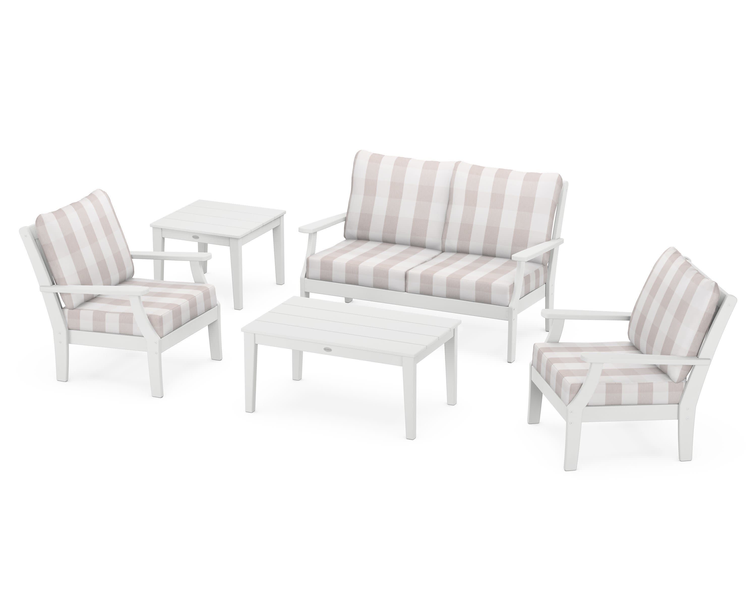 Braxton 5-Piece Deep Seating Set in White / Buffalo Plaid Dune Burlap