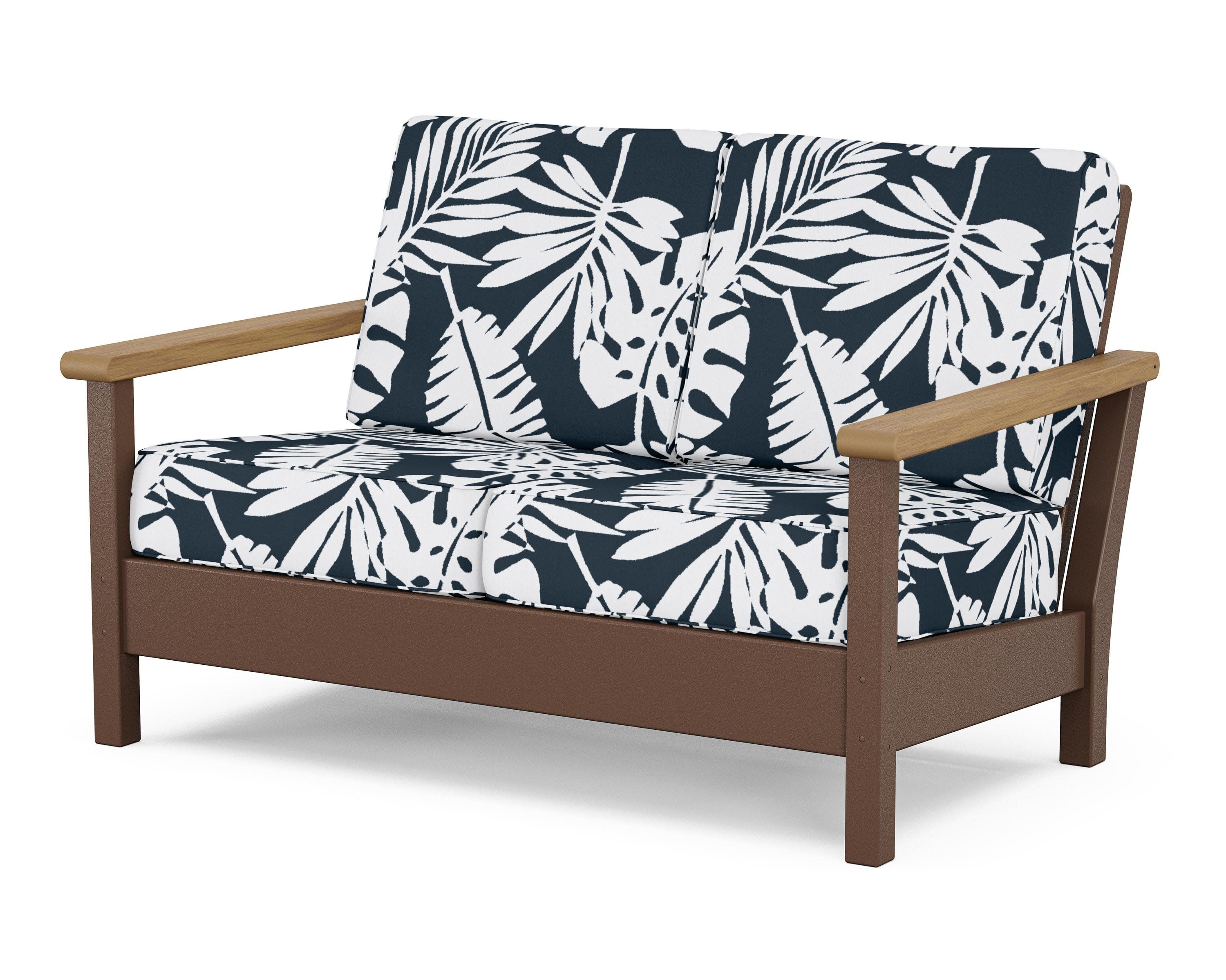 Harbour Deep Seating Loveseat in Mahogany / Natural / Leaf Marine Indigo