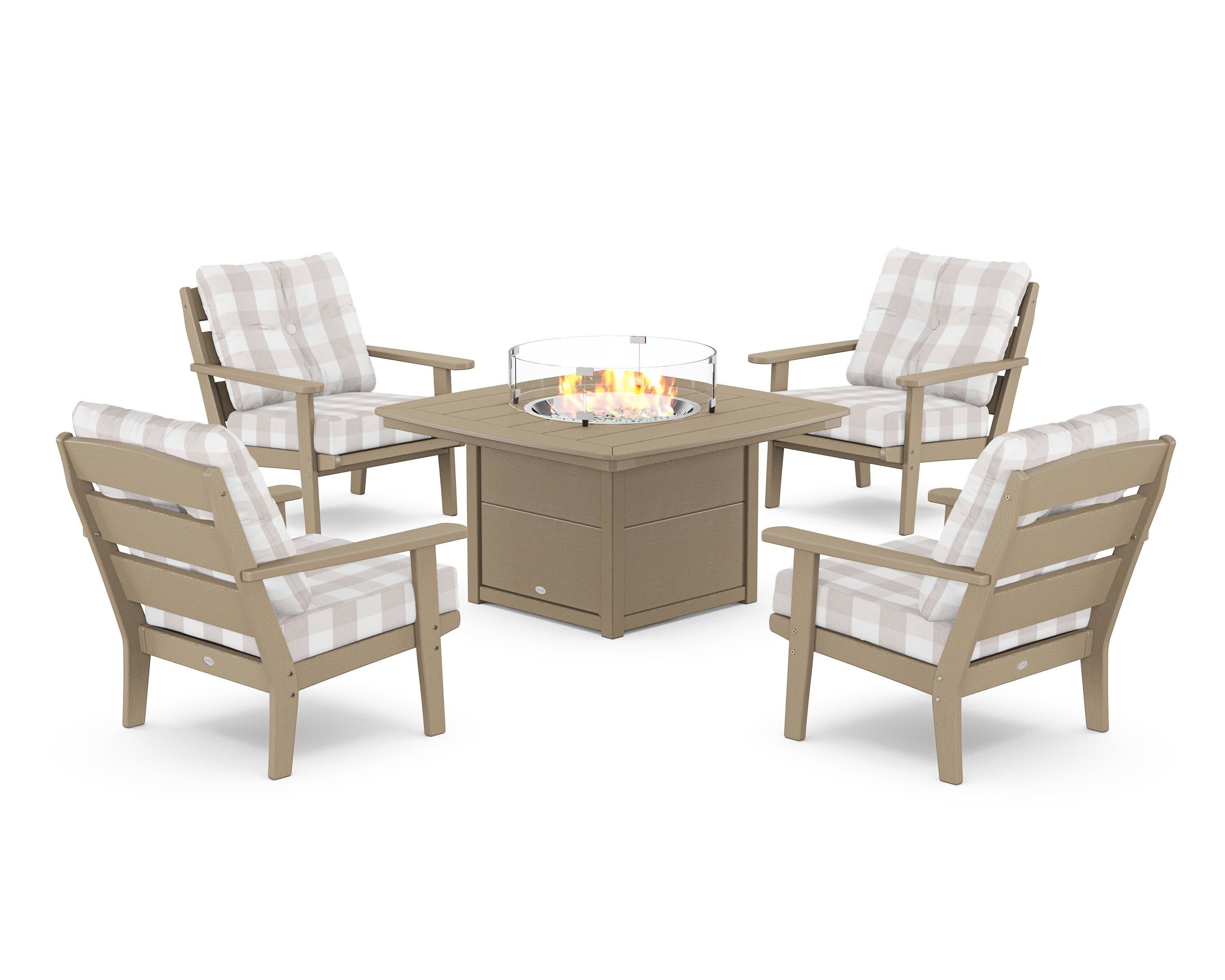 Lakeside 5-Piece Deep Seating Set with Nautical Fire Pit Table in Vintage Sahara / Buffalo Plaid Dune Burlap
