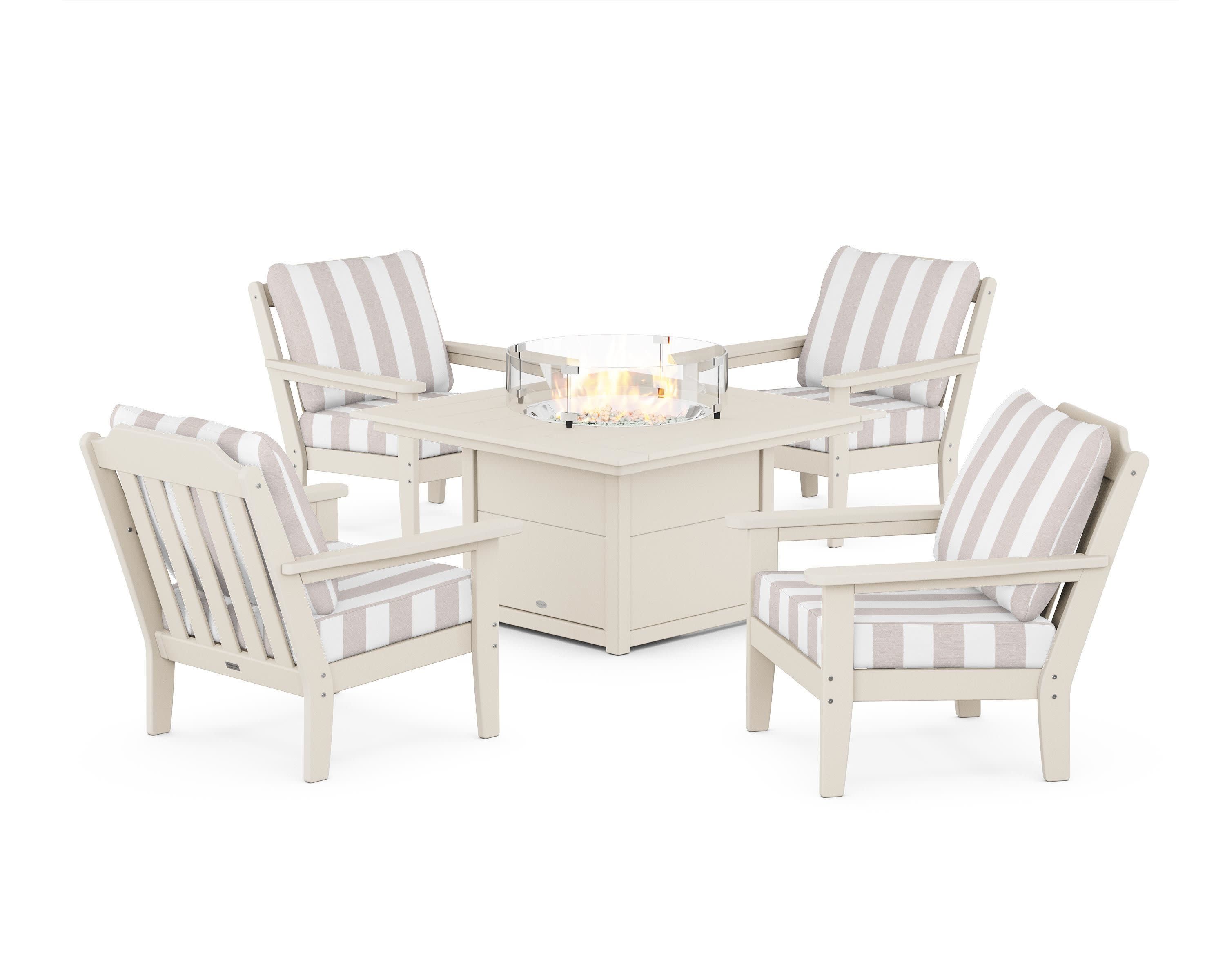 Cottage 5-Piece Deep Seating Set with Fire Pit Table in Sand / Cabana Stripe Dune Burlap
