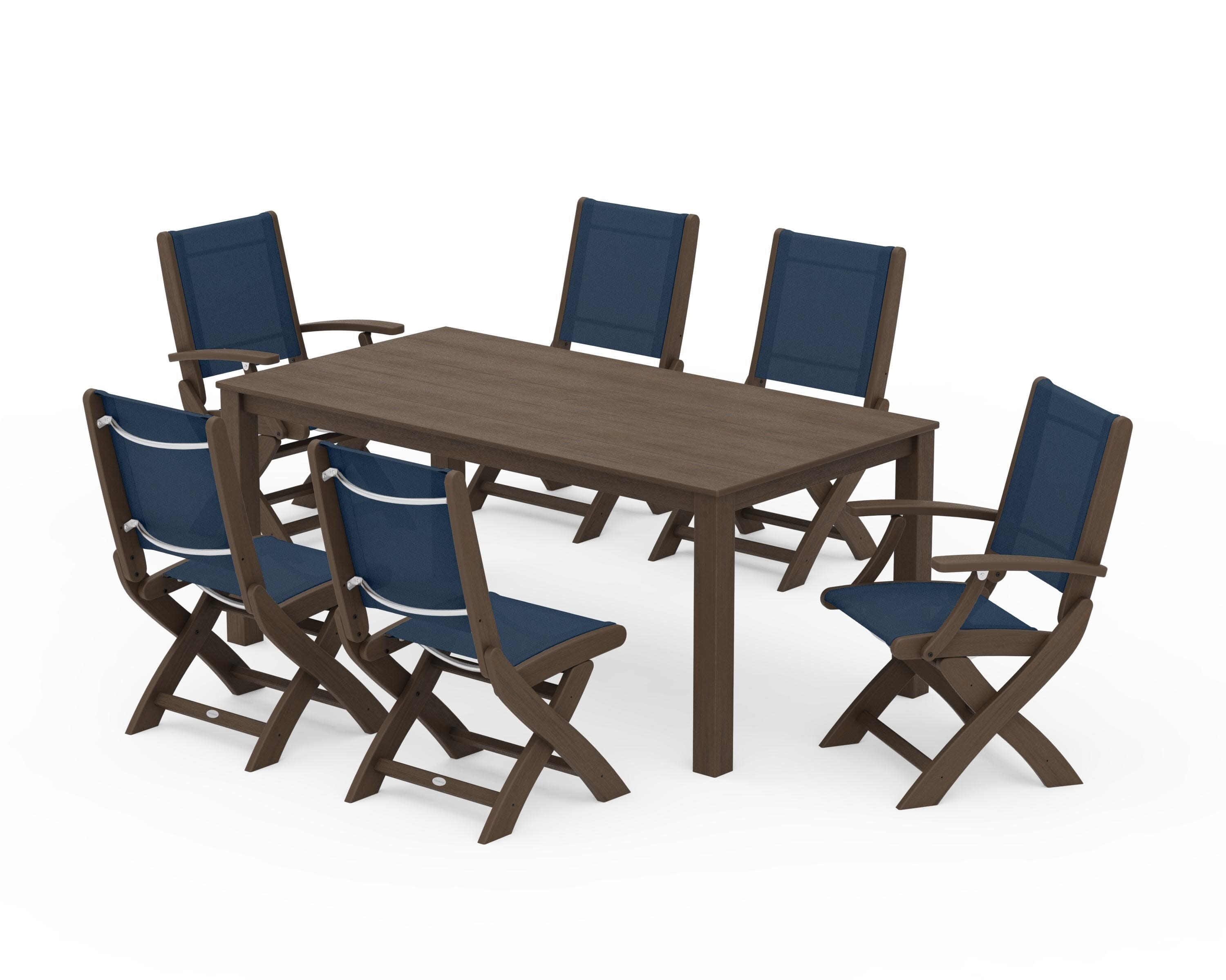 Coastal Folding Chair 7-Piece Parsons Dining Set in Kona / Navy Blue Sling