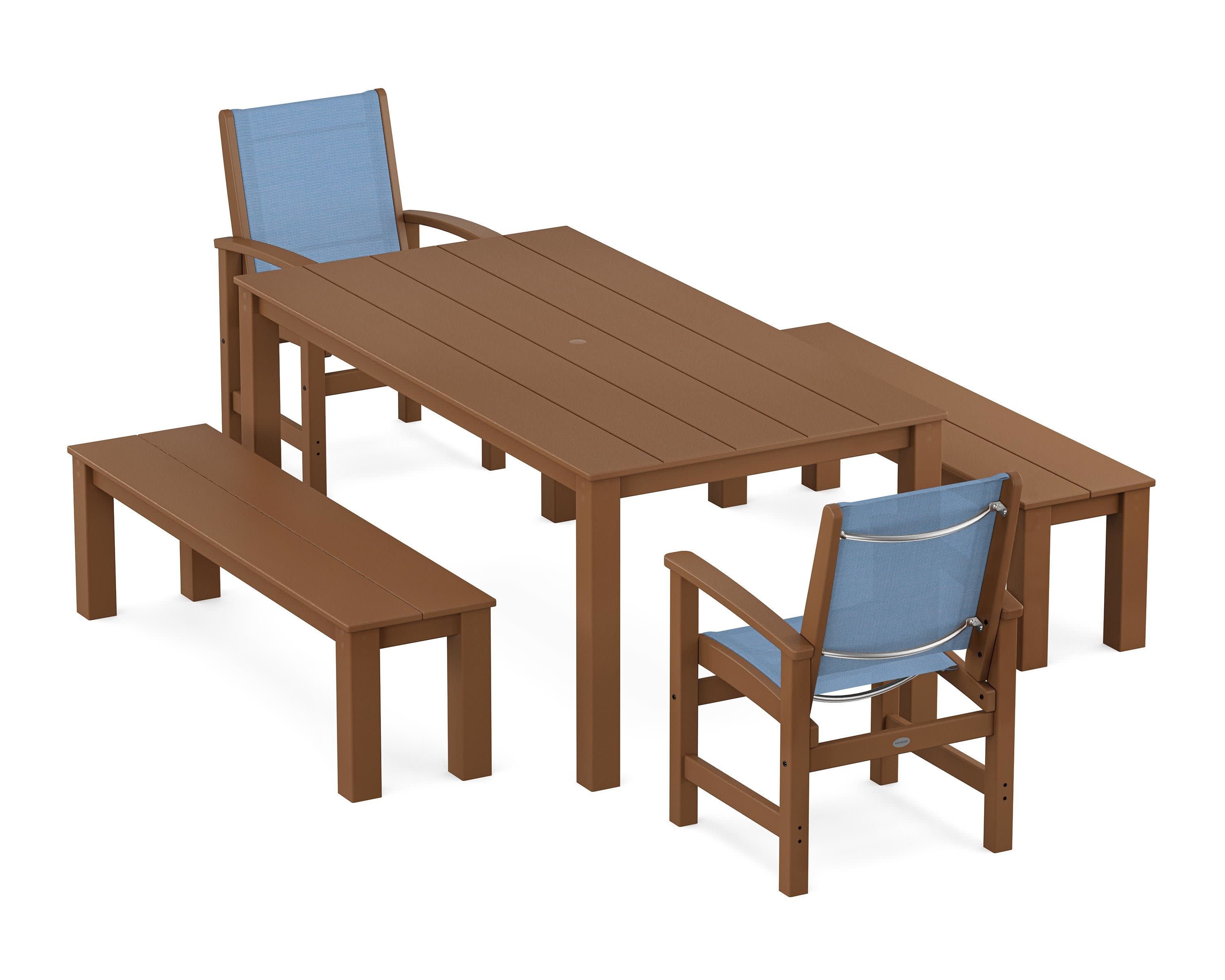 Coastal 5-Piece Parsons Dining Set with Benches in Teak / Poolside Sling
