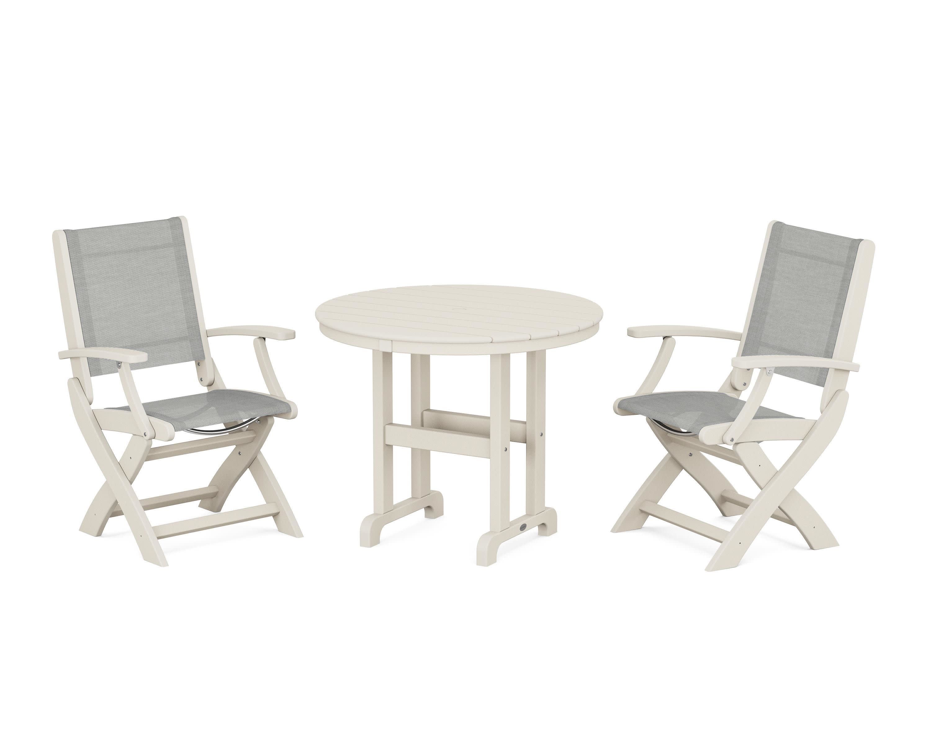 Coastal Folding Chair 3-Piece Round Dining Set in Sand / Metallic Sling