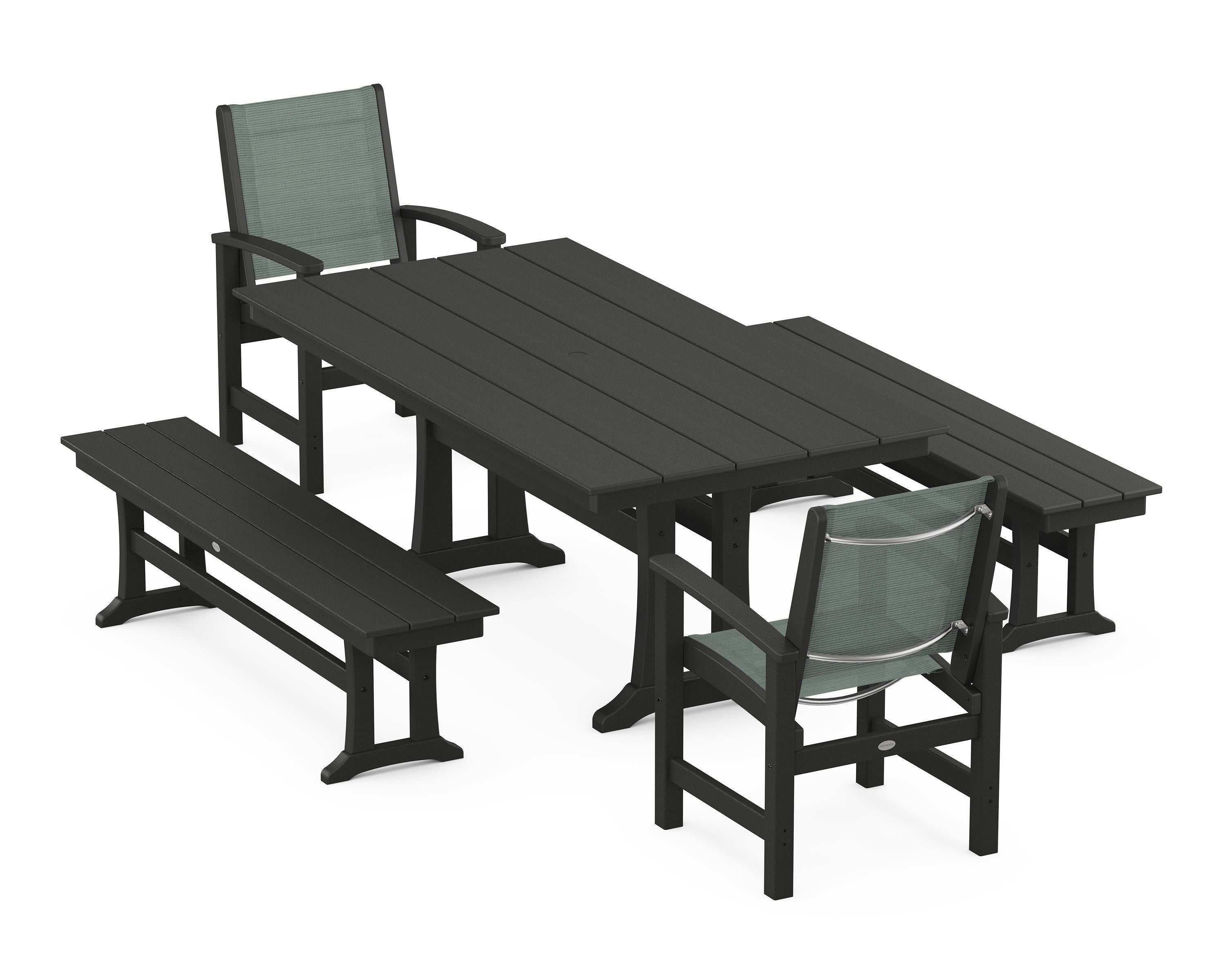Coastal 5-Piece Farmhouse Dining Set with Trestle Legs and Benches in Black / Dupioni Sea Mist Sling