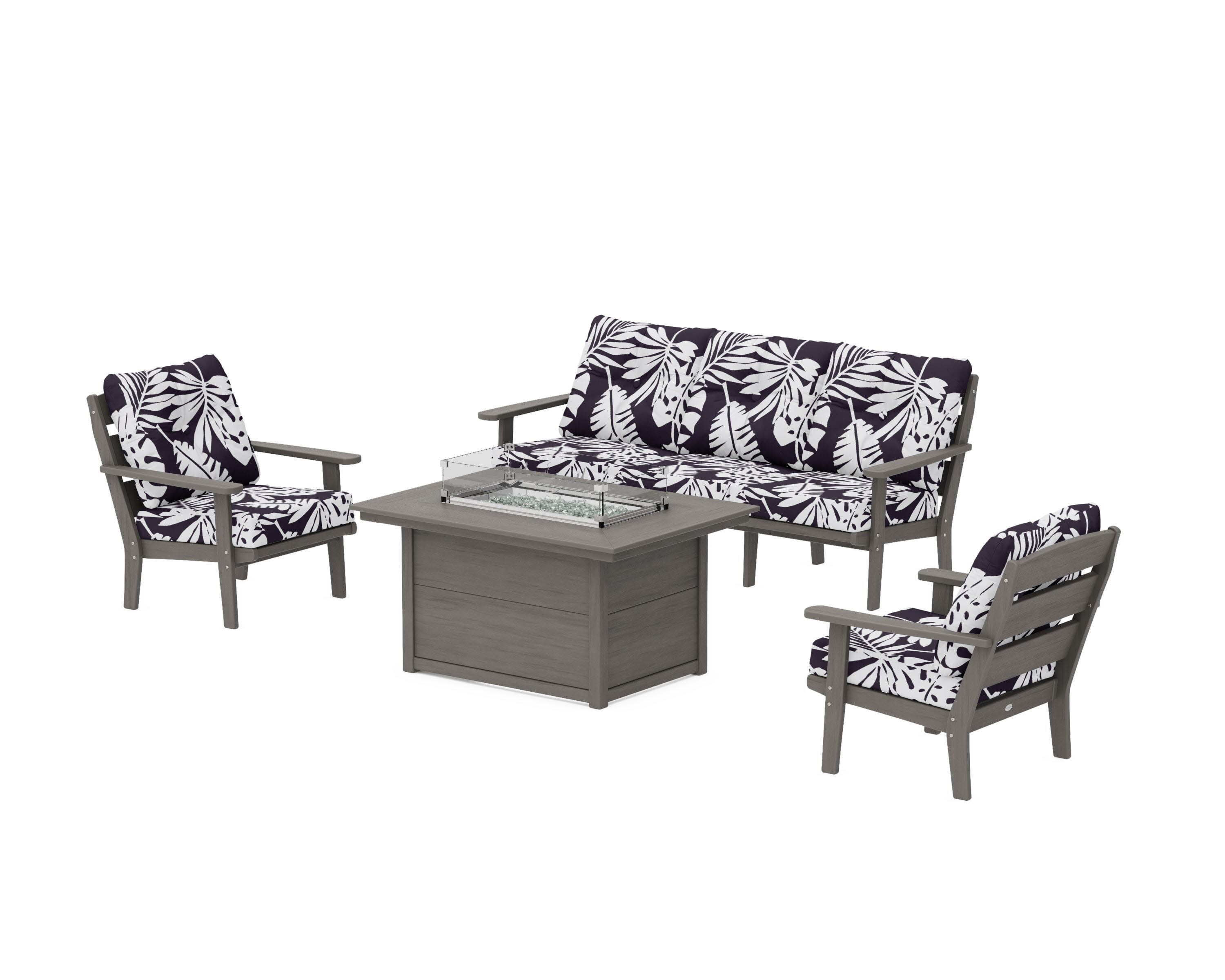 Lakeside Deep Seating Fire Pit Table Set in Driftwood / Leaf Navy