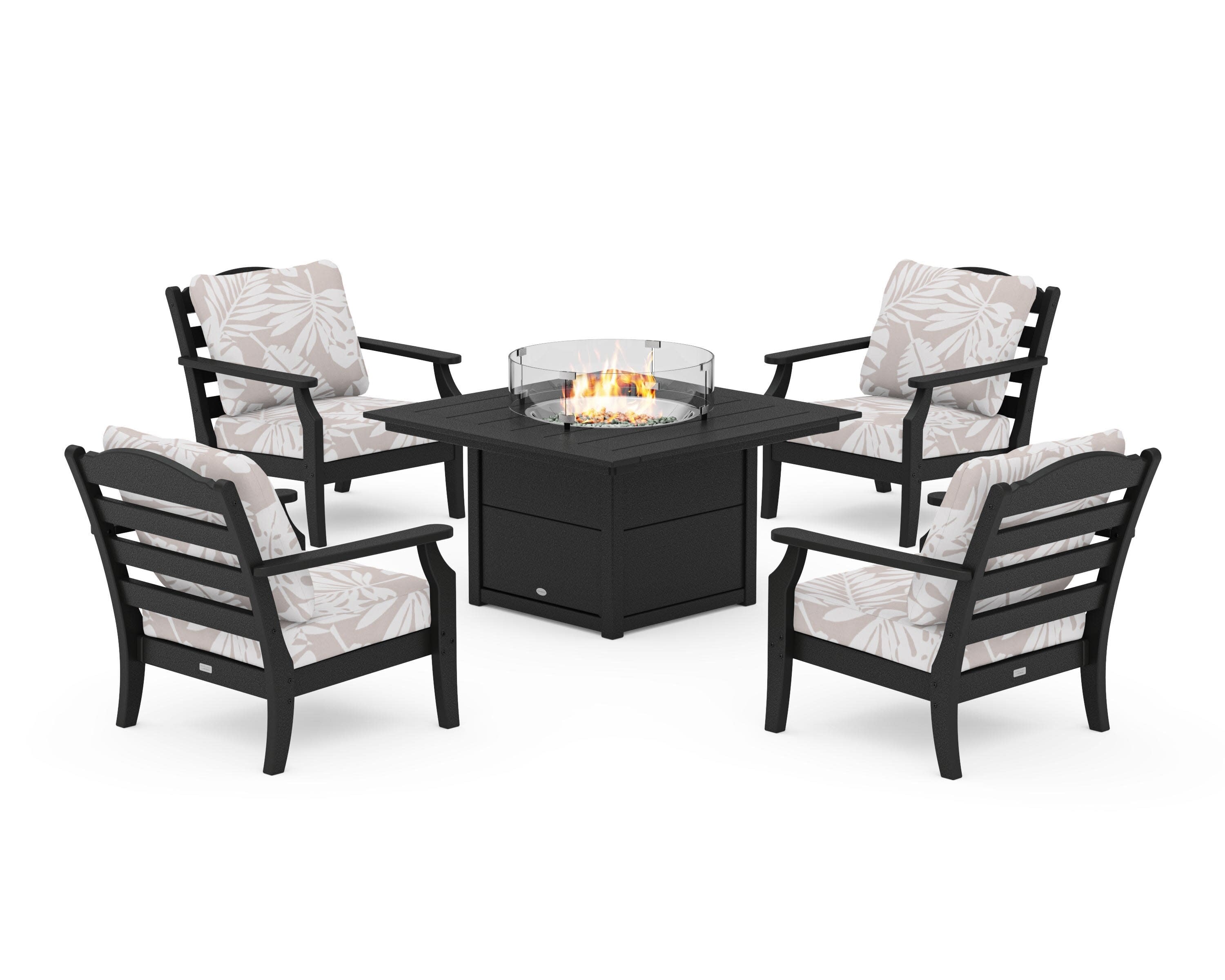 Savannah 5-Piece Deep Seating Set with Fire Pit Table in Black / Leaf Dune Burlap