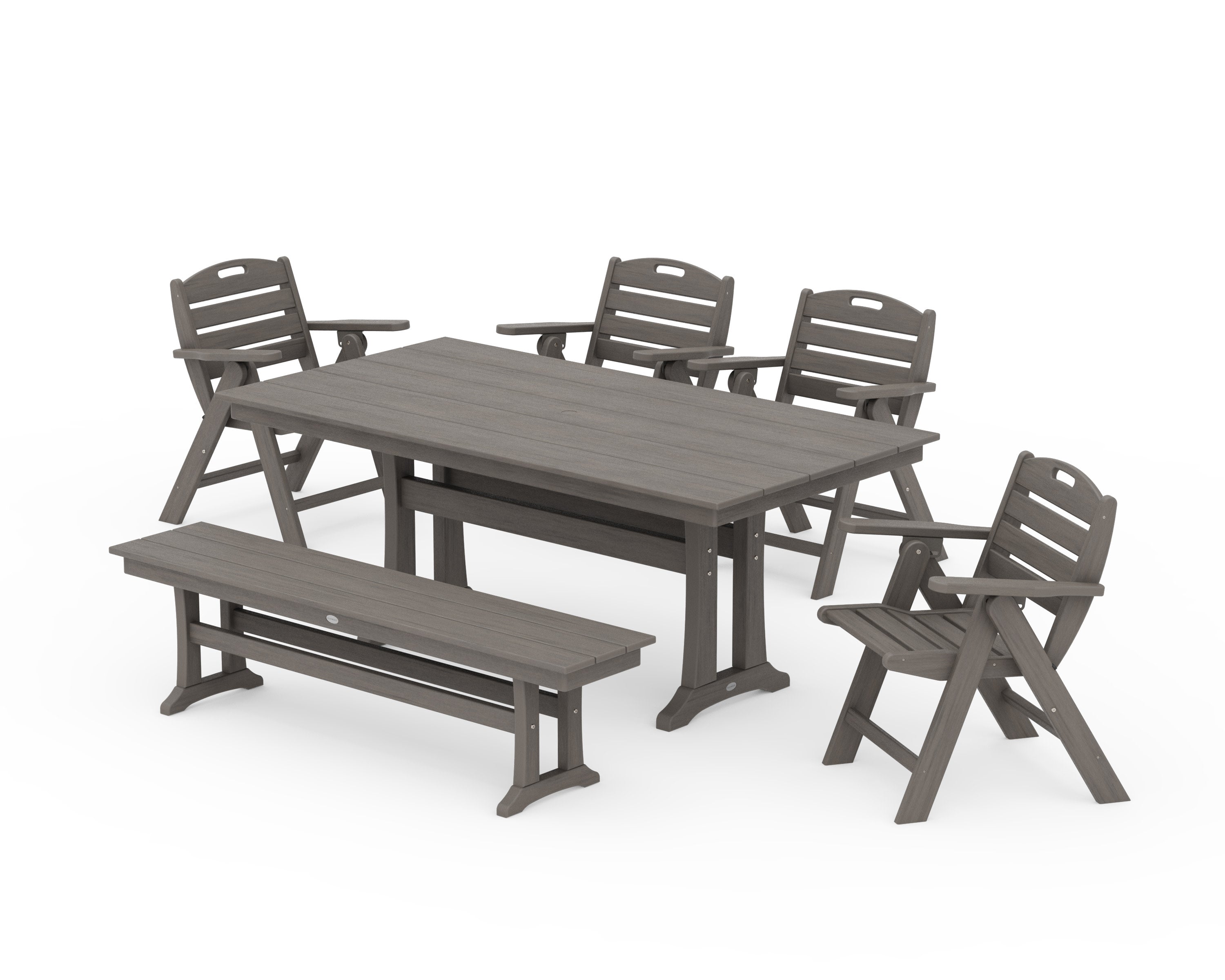 Nautical Lowback 6-Piece Farmhouse Dining Set with Trestle Legs and Bench in Driftwood