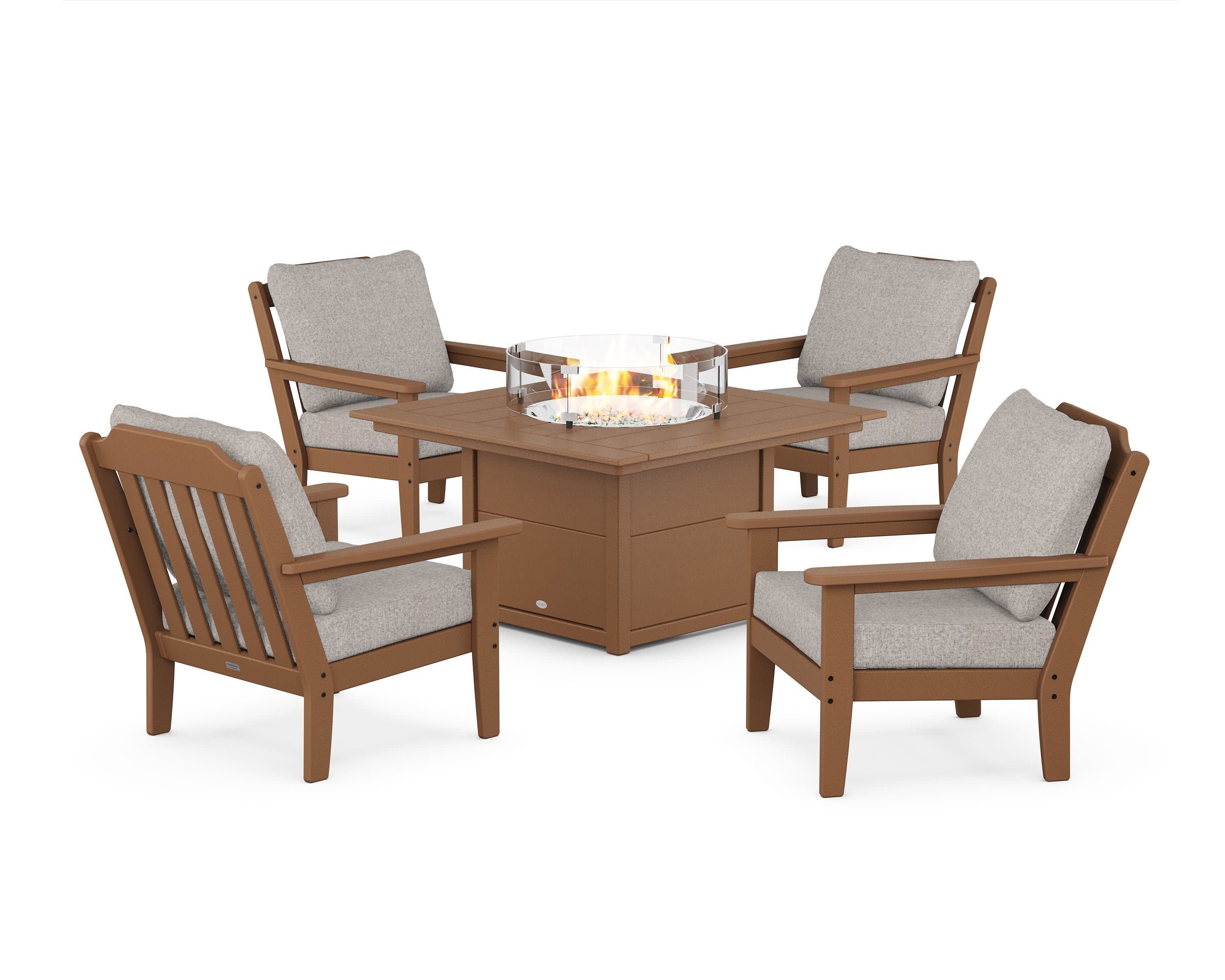 Cottage 5-Piece Deep Seating Set with Fire Pit Table in Teak / Weathered Tweed