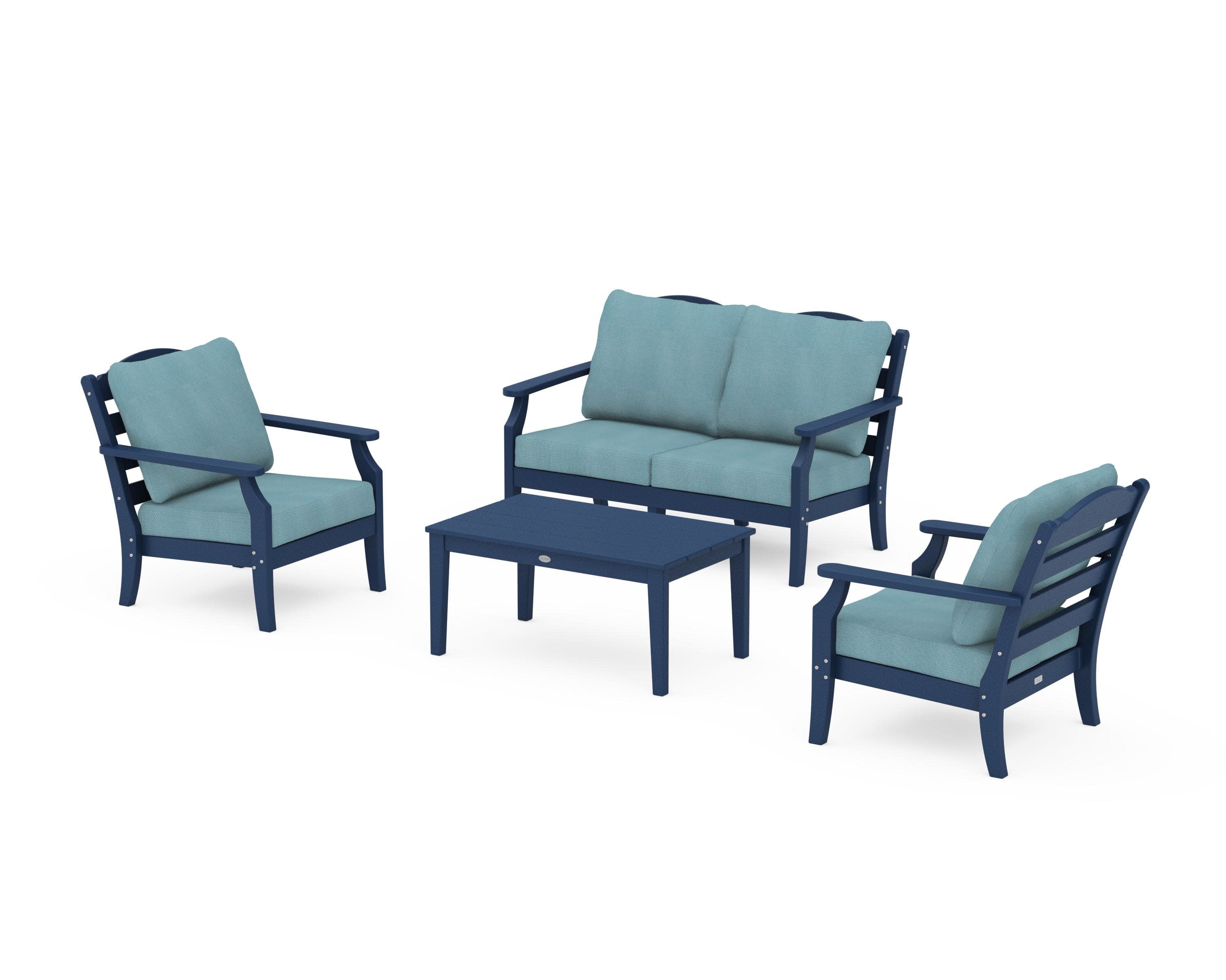 Savannah 4-Piece Deep Seating Set with Loveseat in Navy / Lattice Sky Blue