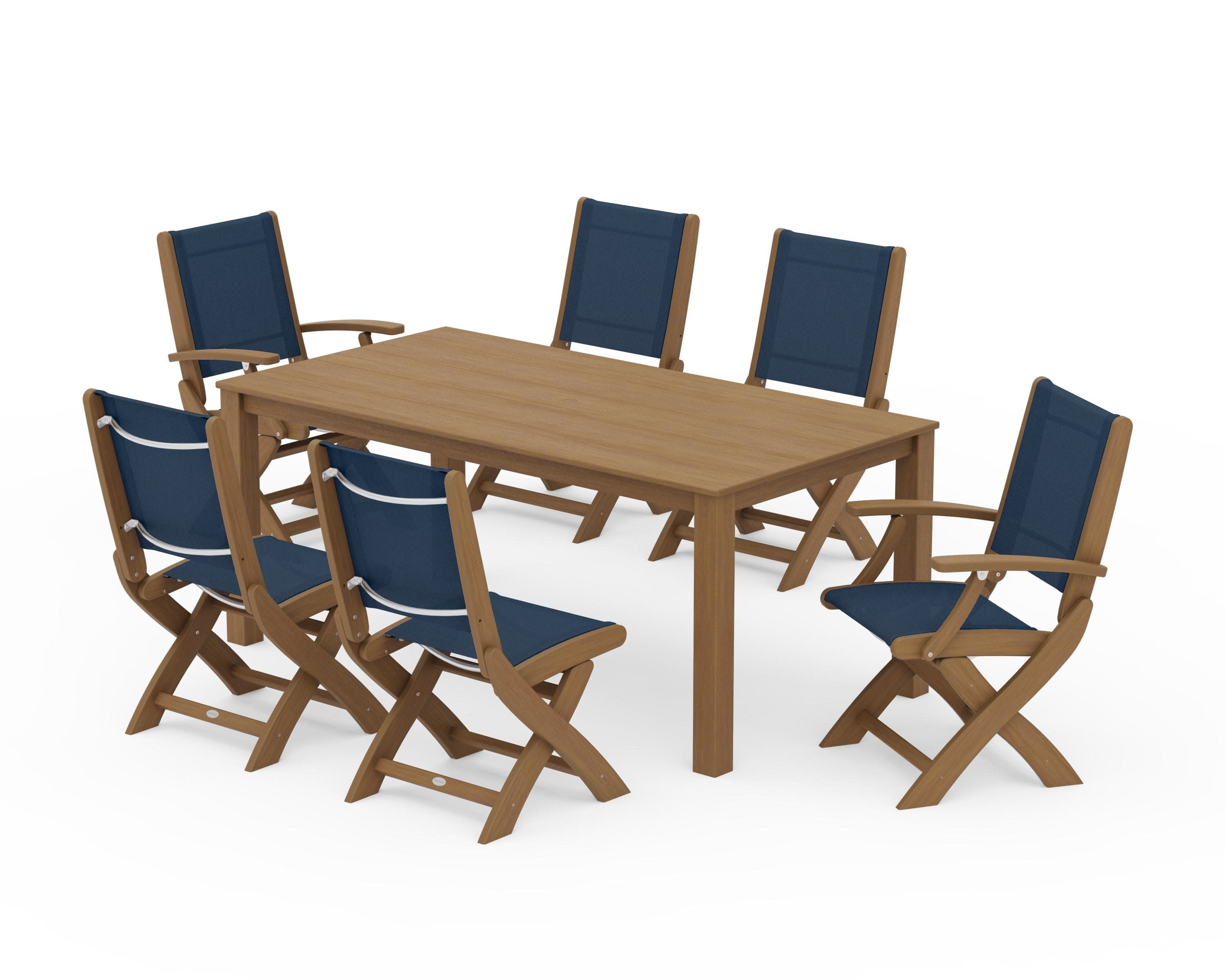 Coastal Folding Chair 7-Piece Parsons Dining Set in Natural / Navy Blue Sling