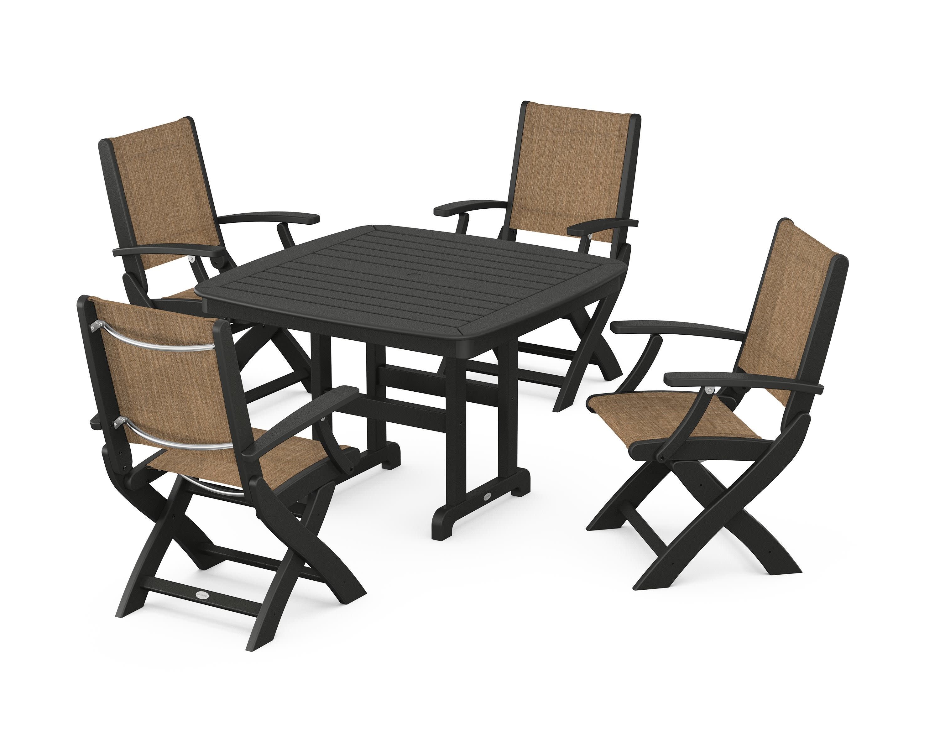 Coastal Folding Chair 5-Piece Dining Set in Black / Burlap Sling