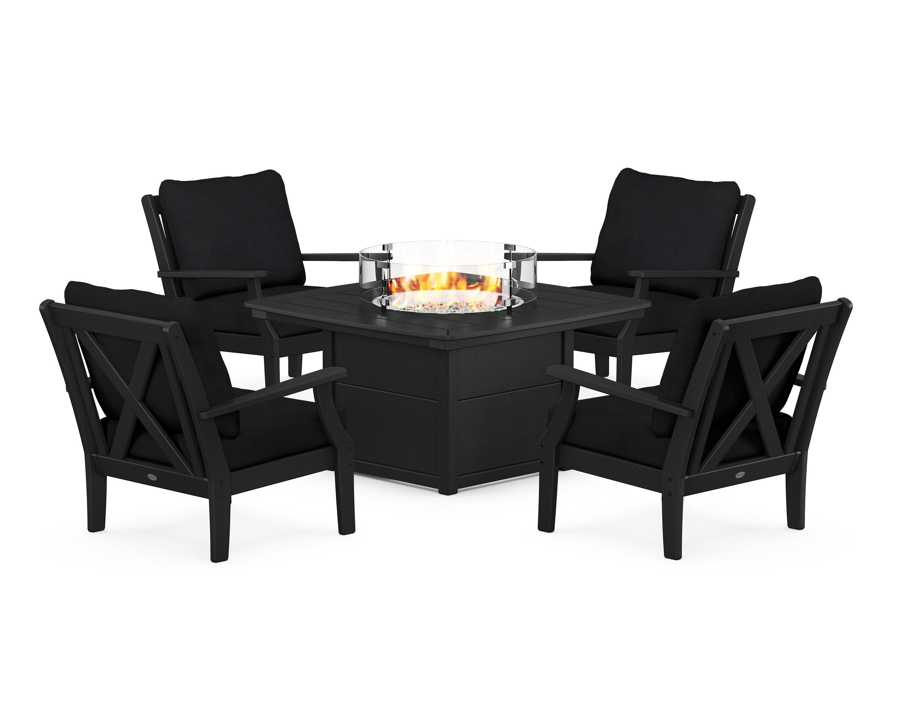 Braxton 5-Piece Deep Seating Conversation Set with Fire Pit Table in Black / Midnight Linen