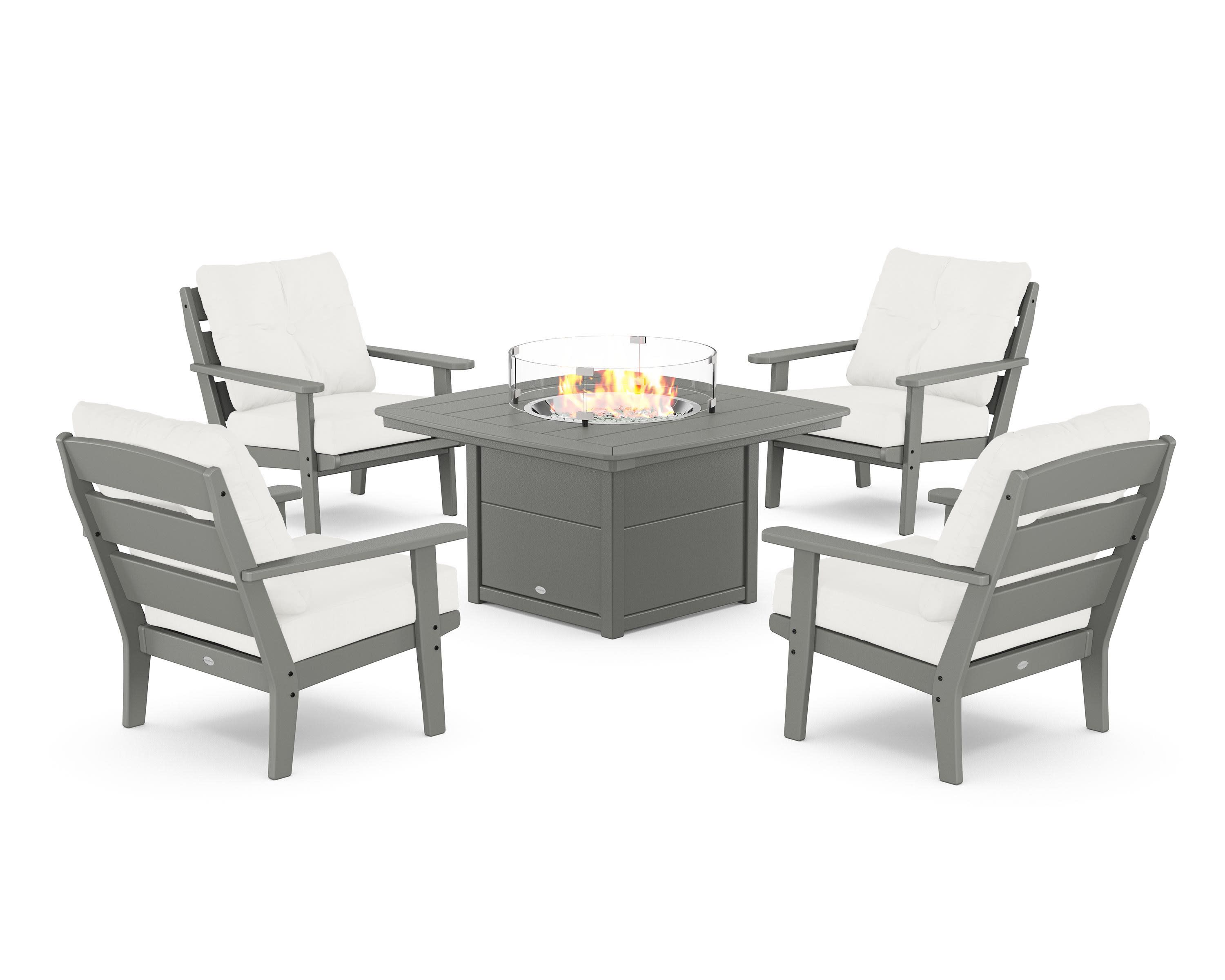 Lakeside 5-Piece Deep Seating Set with Nautical Fire Pit Table in Slate Grey / Natural Linen