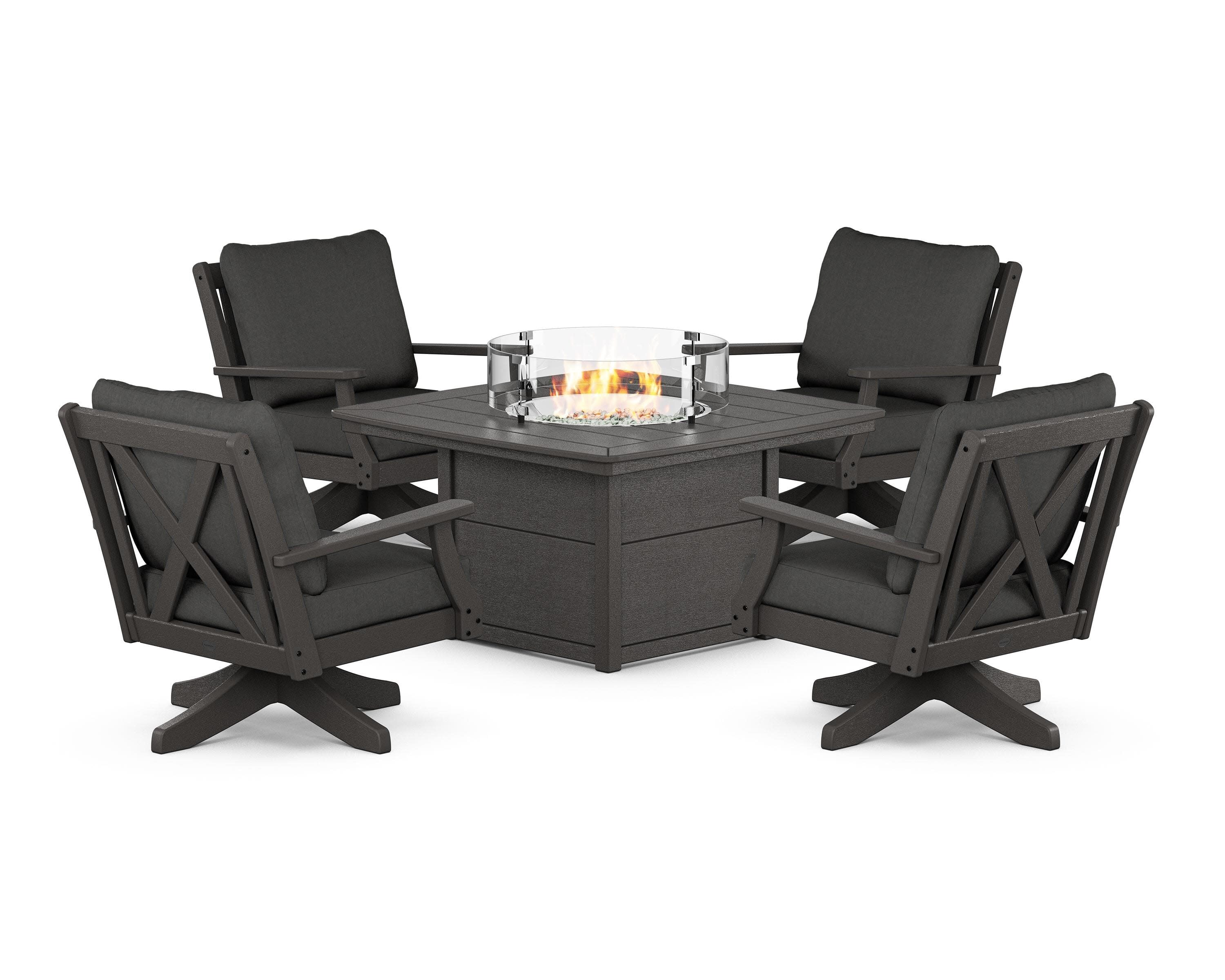 Braxton 5-Piece Deep Seating Swivel Conversation Set with Fire Pit Table in Vintage Coffee / Spectrum Carbon