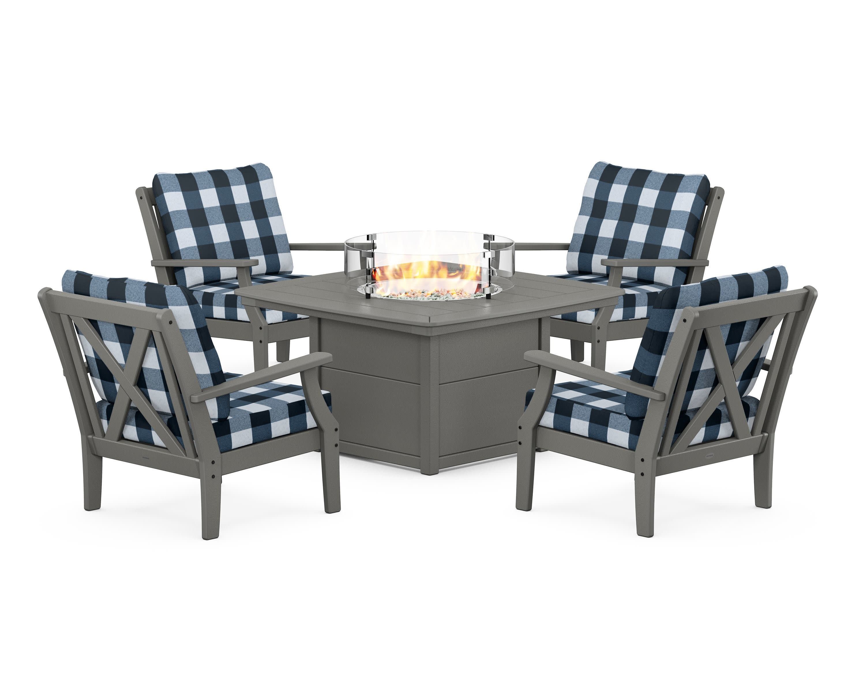 Braxton 5-Piece Deep Seating Conversation Set with Fire Pit Table in Slate Grey / Buffalo Plaid Marine Indigo