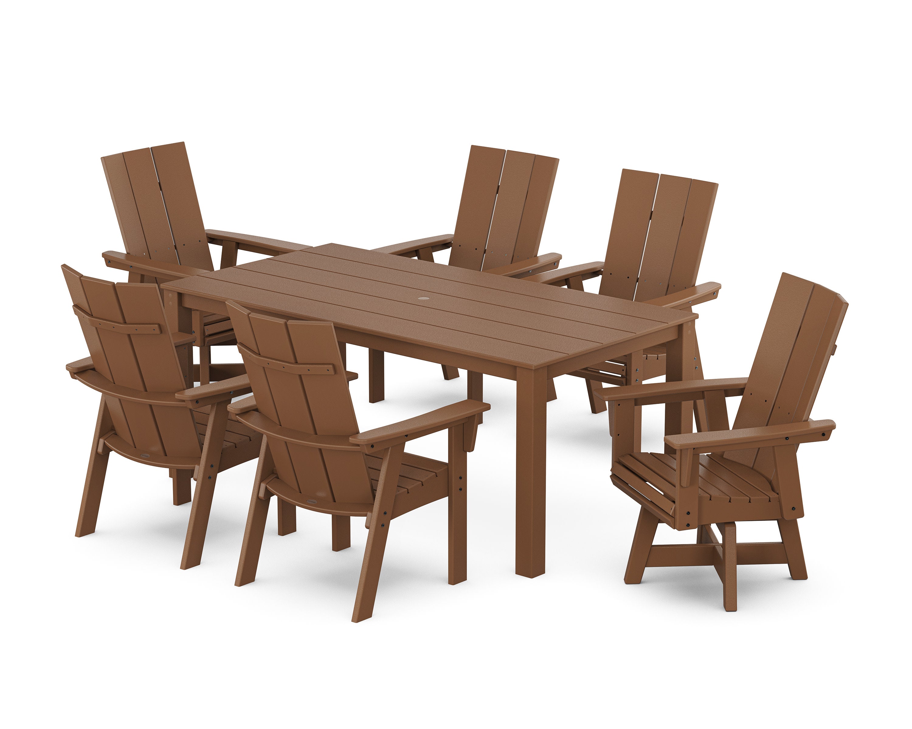 Modern Curveback Adirondack 7-Piece Parsons Swivel Dining Set in Teak