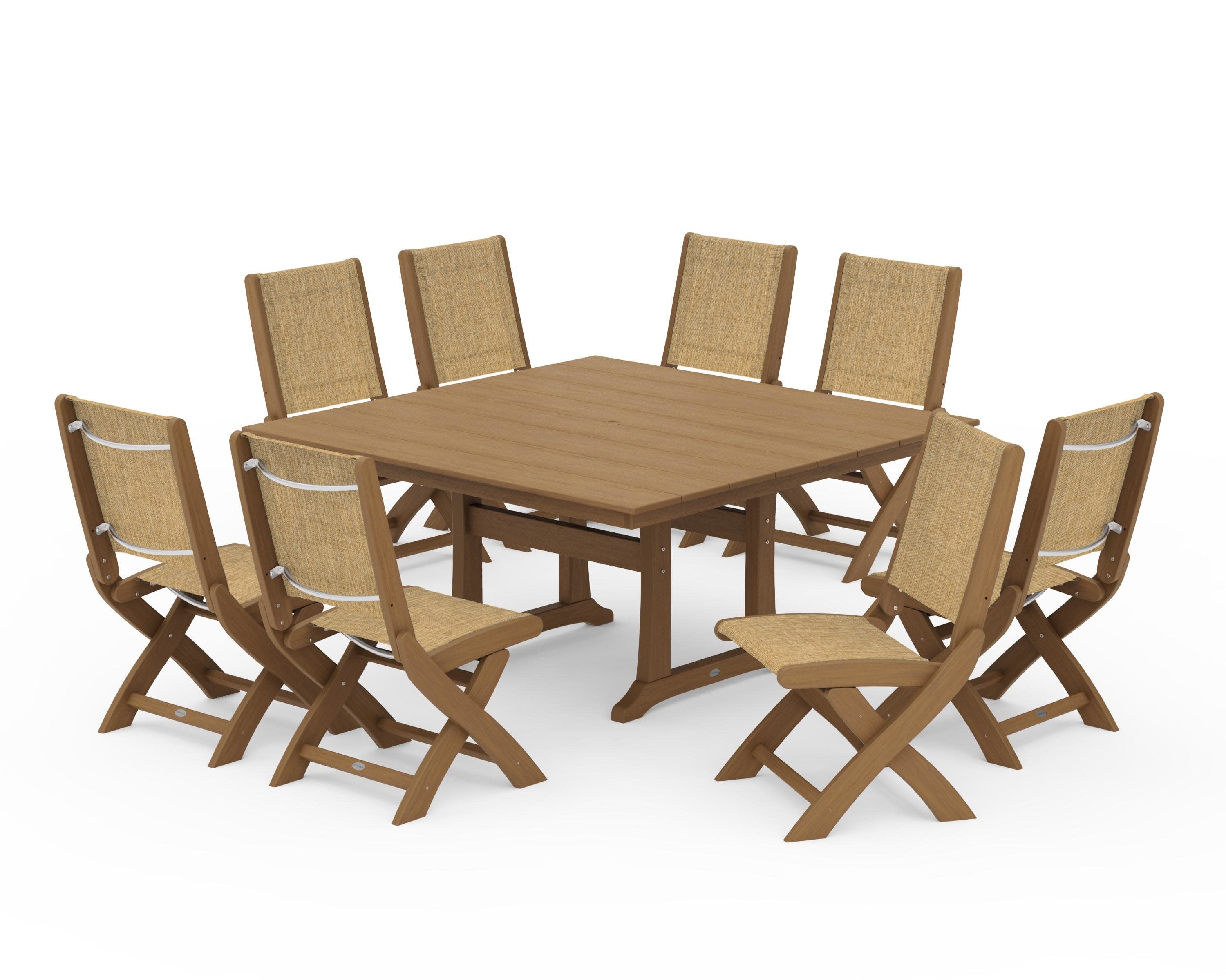 Coastal Folding Side Chair 9-Piece Farmhouse Dining Set in Natural / Burlap Sling