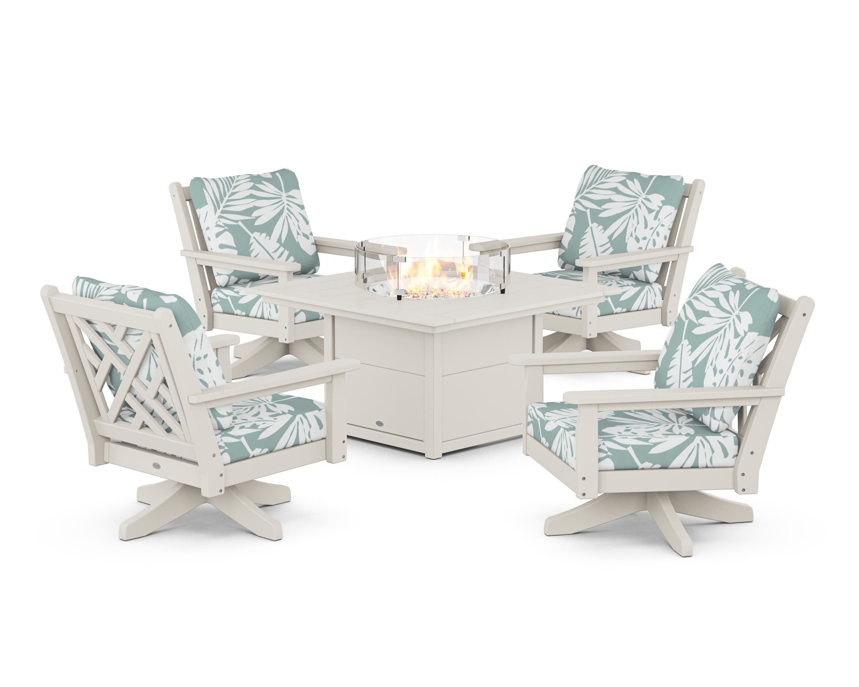 Chippendale 5-Piece Deep Seating Swivel Conversation Set with Fire Pit Table in Sand / Leaf Glacier Spa