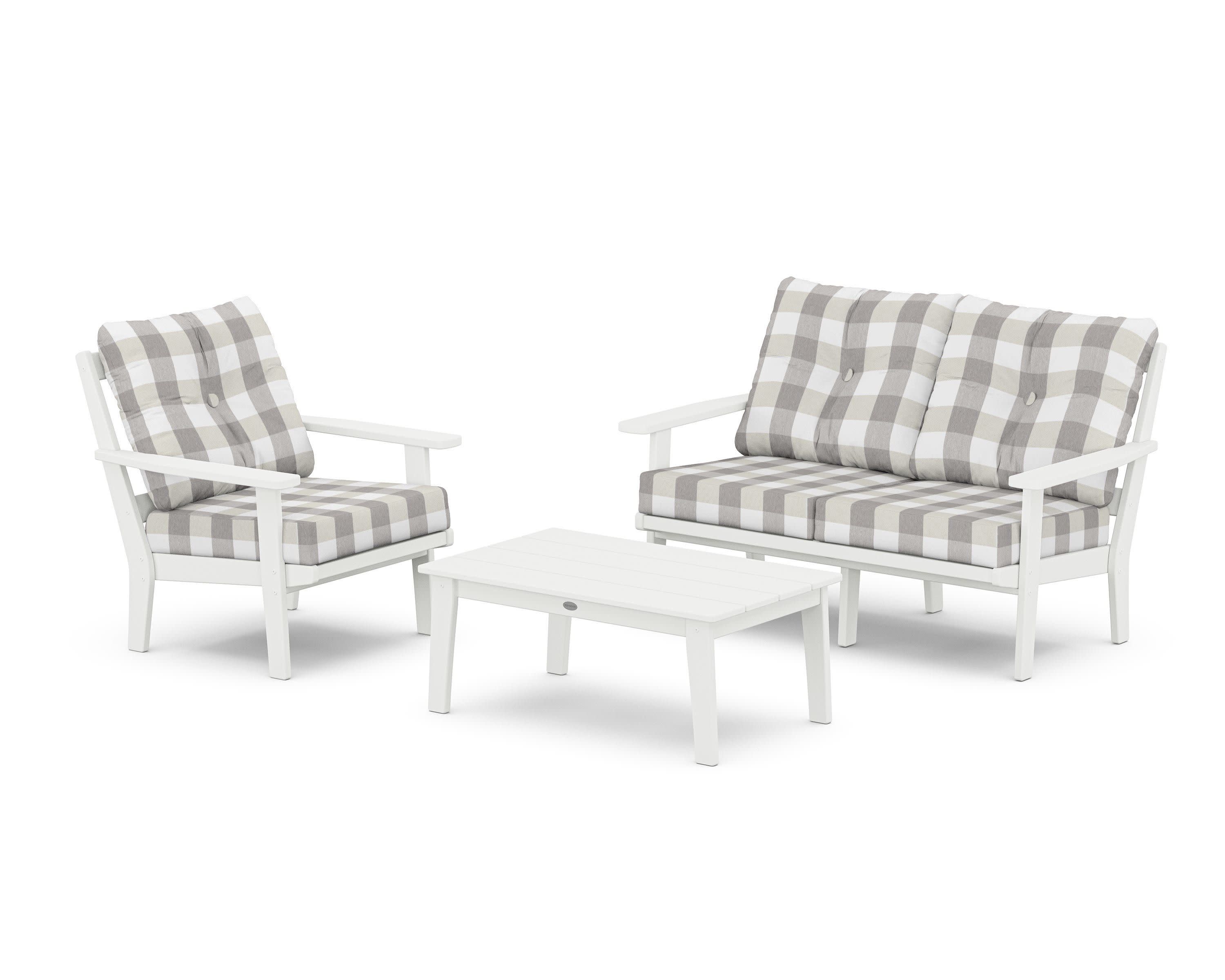 Oxford 3-Piece Deep Seating Set with Loveseat in White / Buffalo Plaid Grey Mist