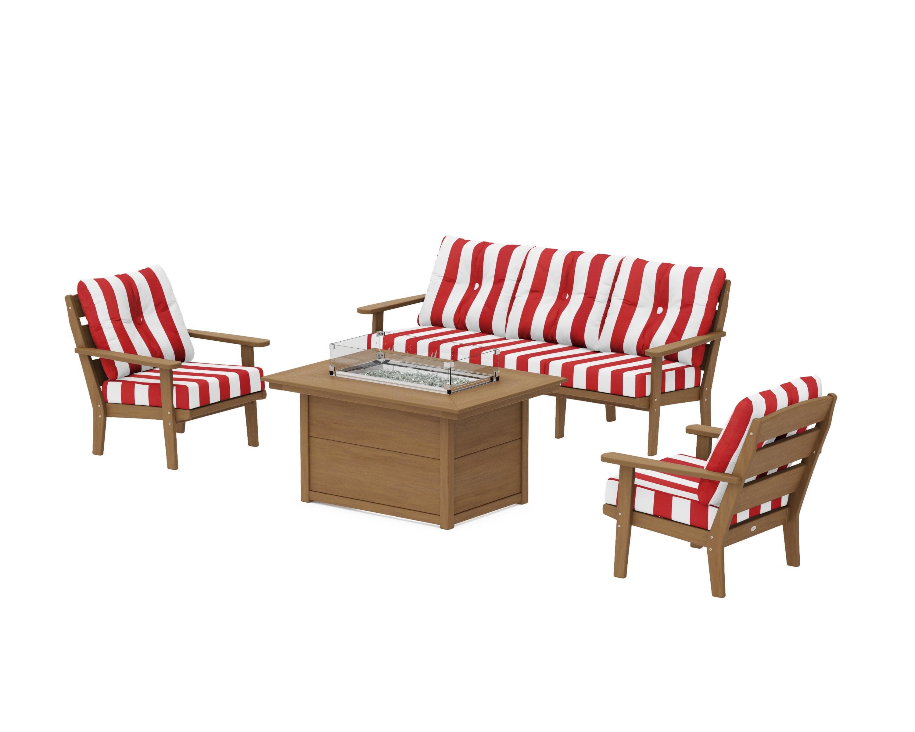 Lakeside Deep Seating Fire Pit Table Set in Natural / Cabana Stripe Crimson