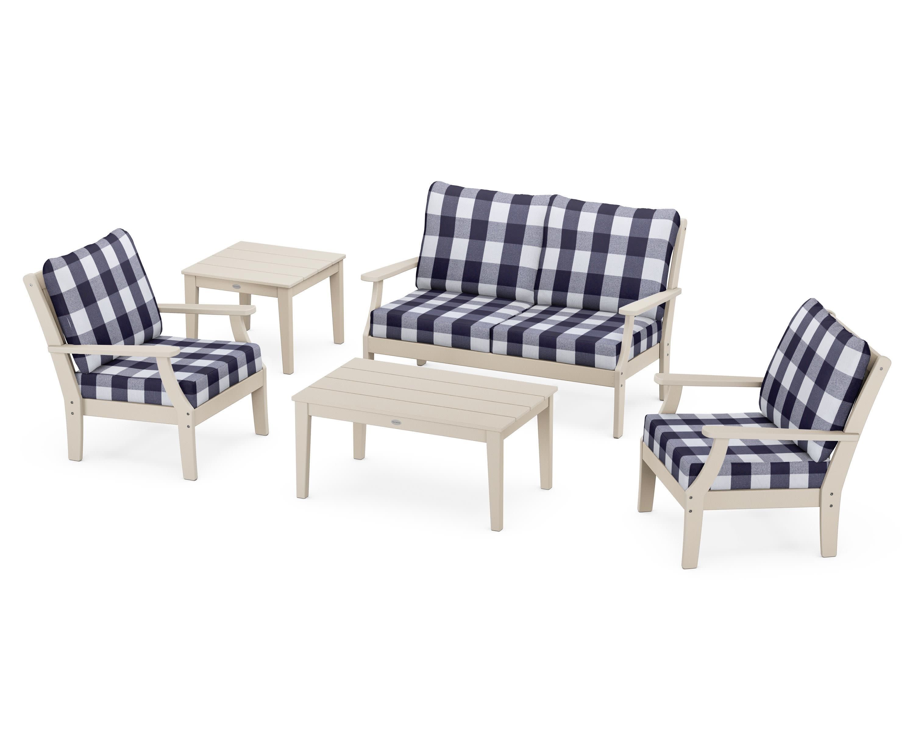 Braxton 5-Piece Deep Seating Set in Sand / Buffalo Plaid Navy