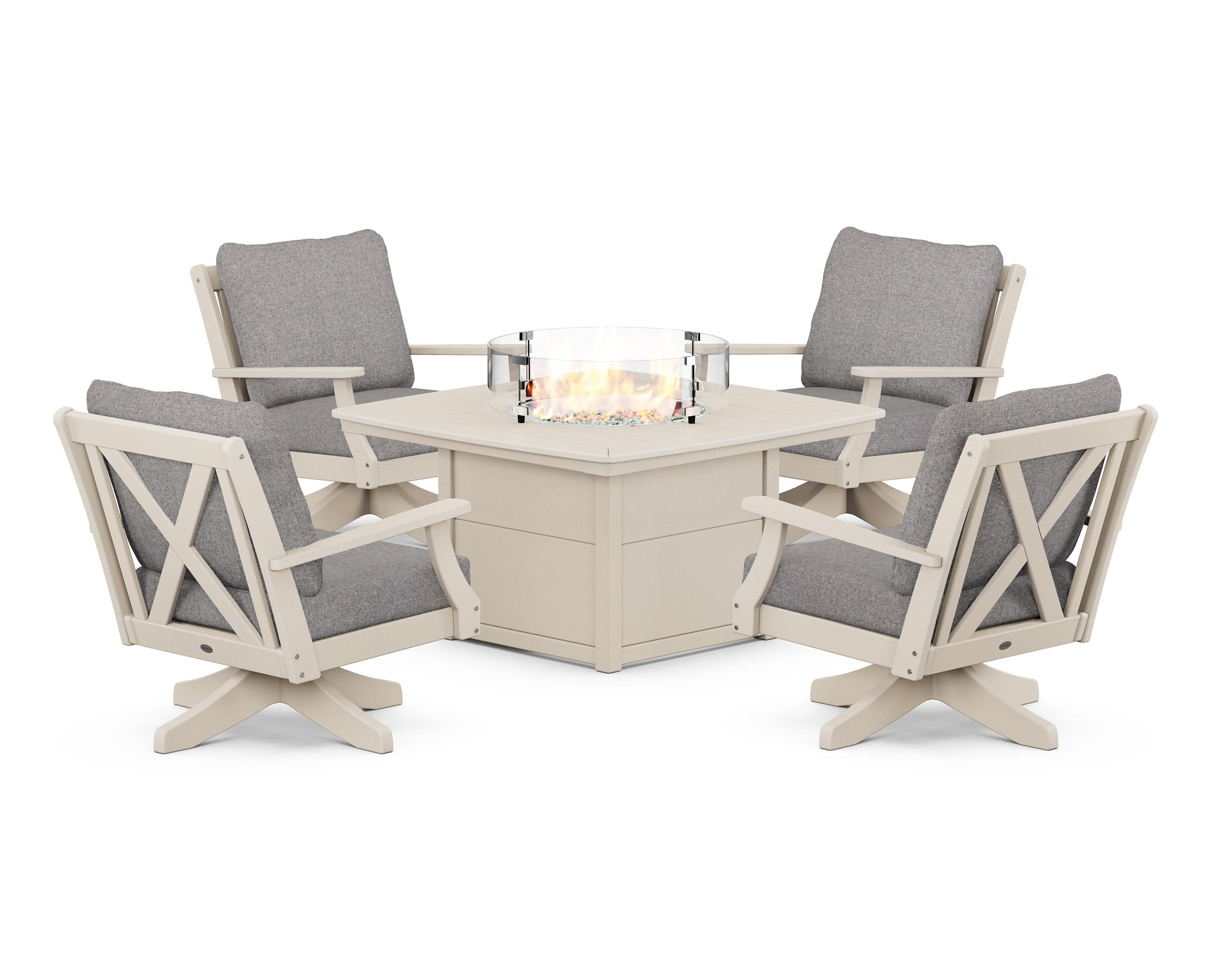 Braxton 5-Piece Deep Seating Swivel Conversation Set with Fire Pit Table in Sand / Grey Mist