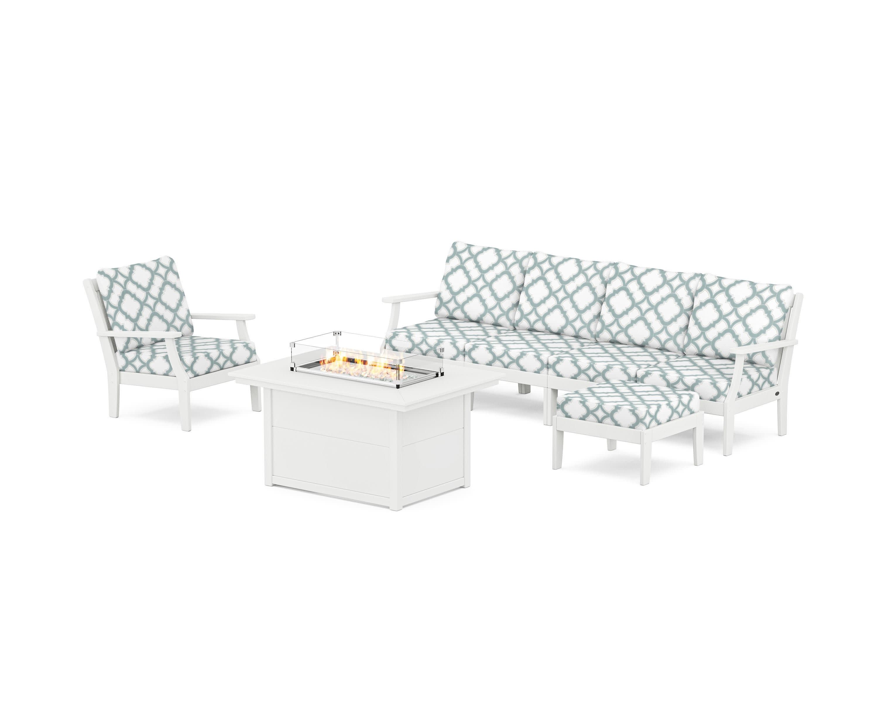 Braxton Sectional Lounge and Fire Pit Set in White / Trellis Glacier Spa
