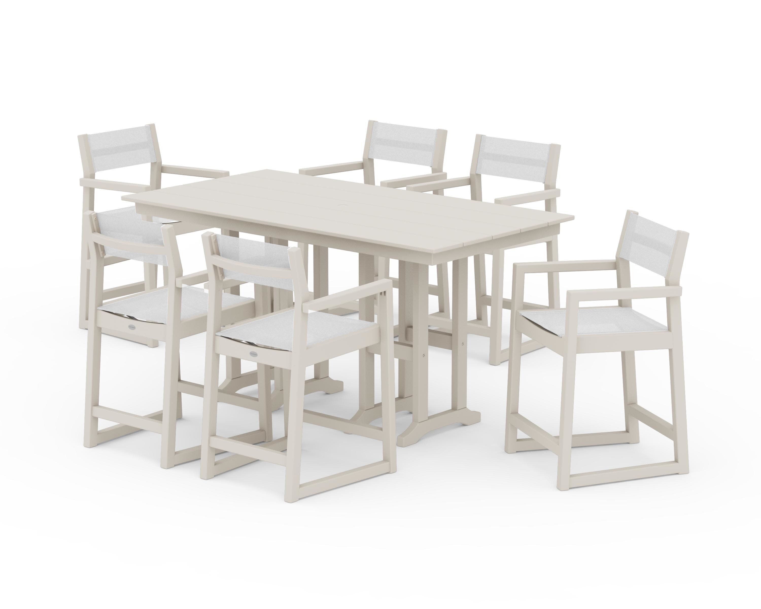 EDGE Sling Arm Chair 7-Piece Farmhouse Counter Set in Sand / White Sling