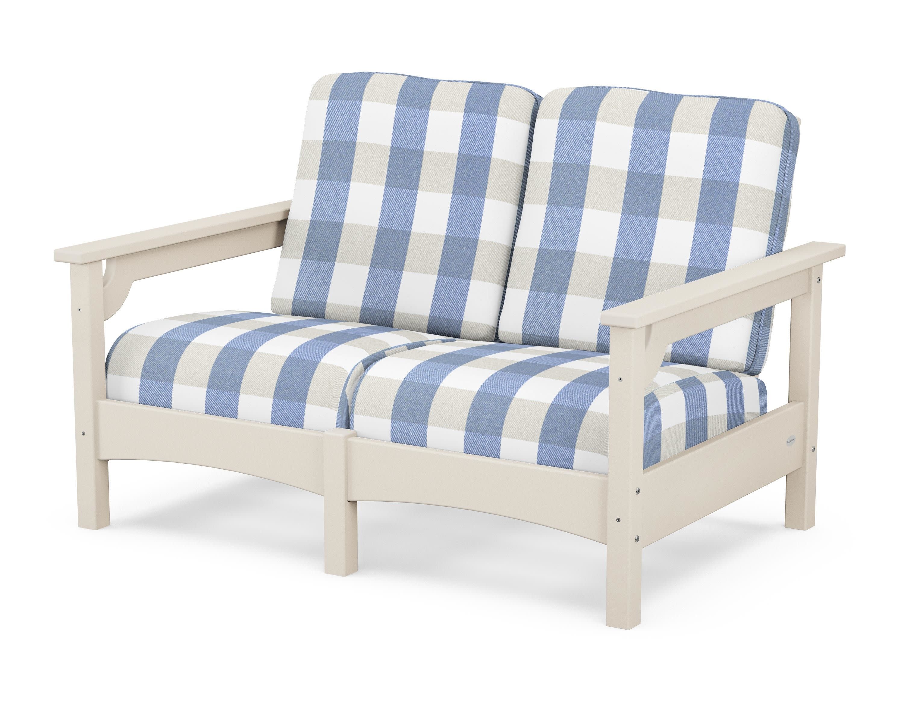 Club Loveseat in Sand / Buffalo Plaid Sky Blue