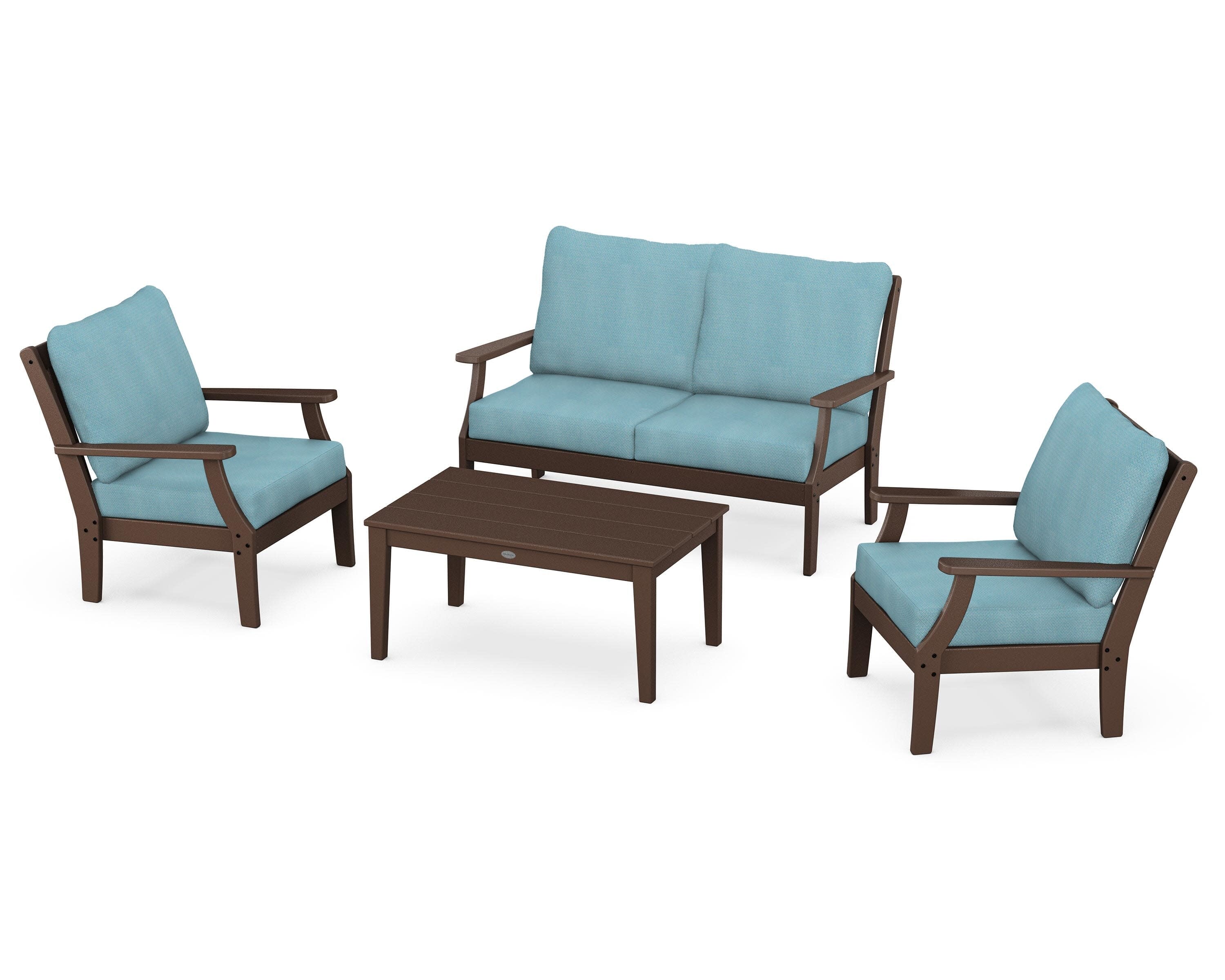 Braxton 4-Piece Deep Seating Chair Set in Mahogany / Lattice Sky Blue