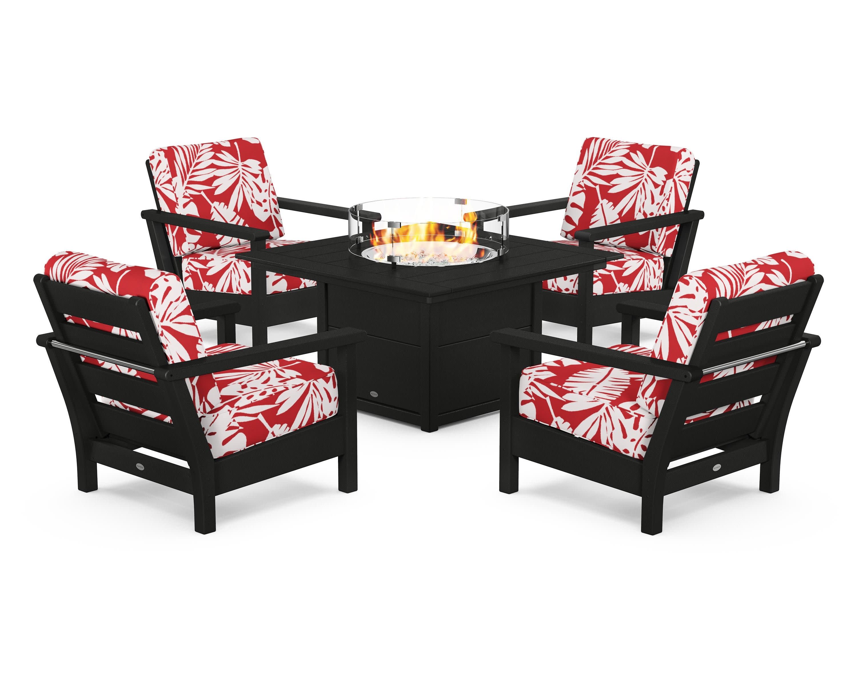 Harbour 5-Piece Conversation Set with Fire Pit Table in Black / Leaf Crimson