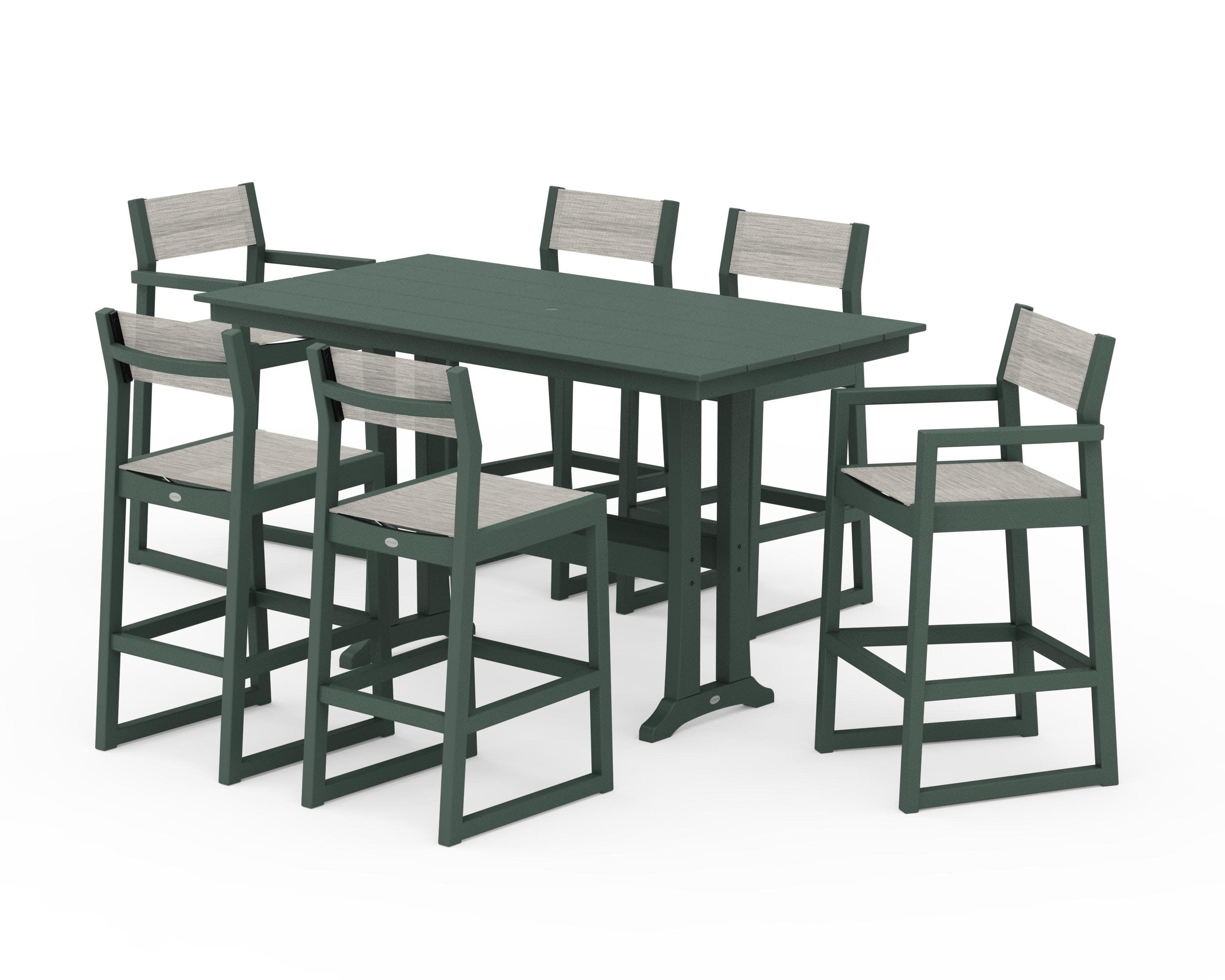 EDGE Sling 7-Piece Farmhouse Bar Set with Trestle Legs in Green / Birch Sling