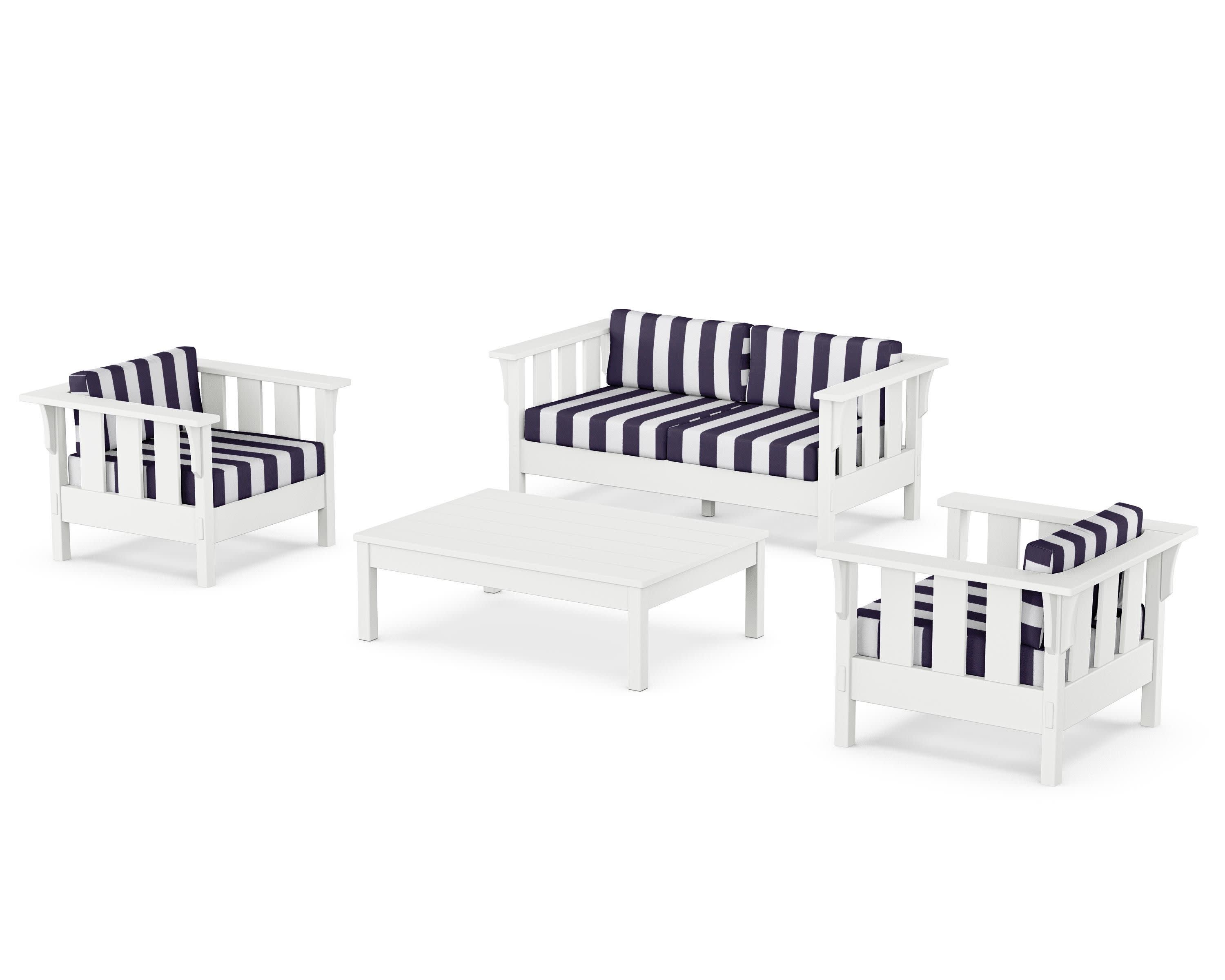 Acadia 4-Piece Deep Seating Set with Loveseat in White / Cabana Stripe Navy