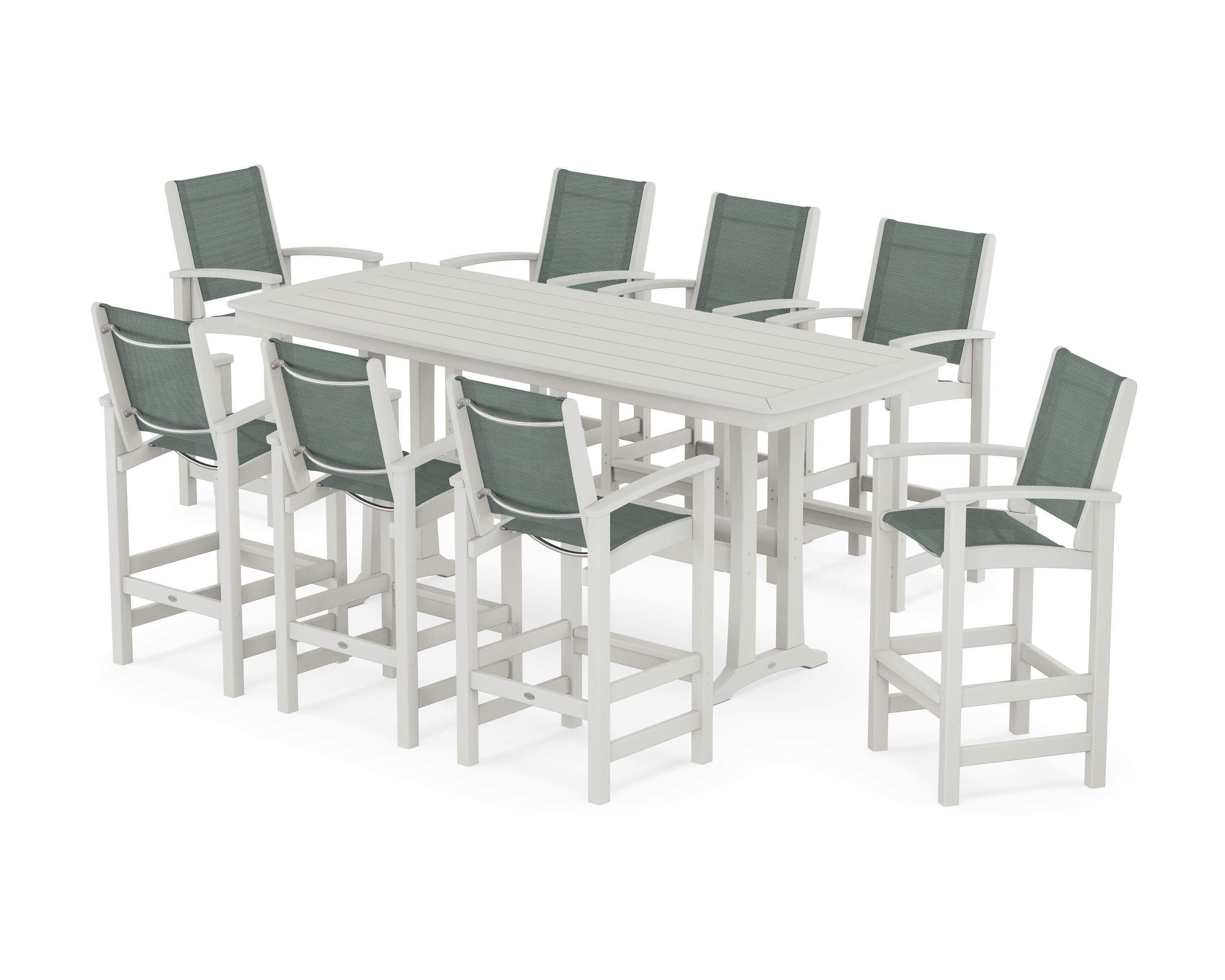 Coastal 9-Piece Bar Set with Trestle Legs in Vintage White / Dupioni Sea Mist Sling