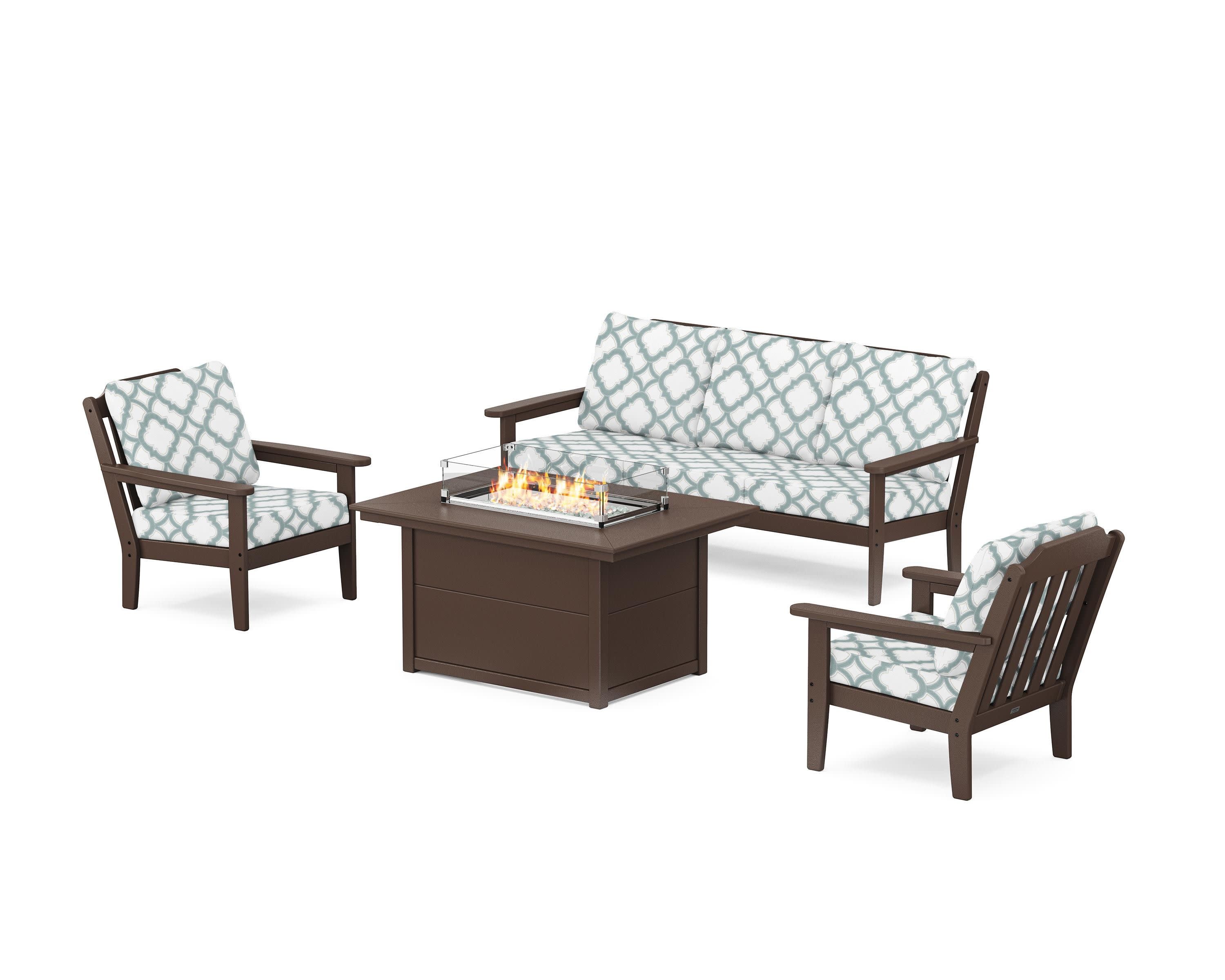 Cottage Deep Seating Fire Pit Table Set in Mahogany / Trellis Glacier Spa