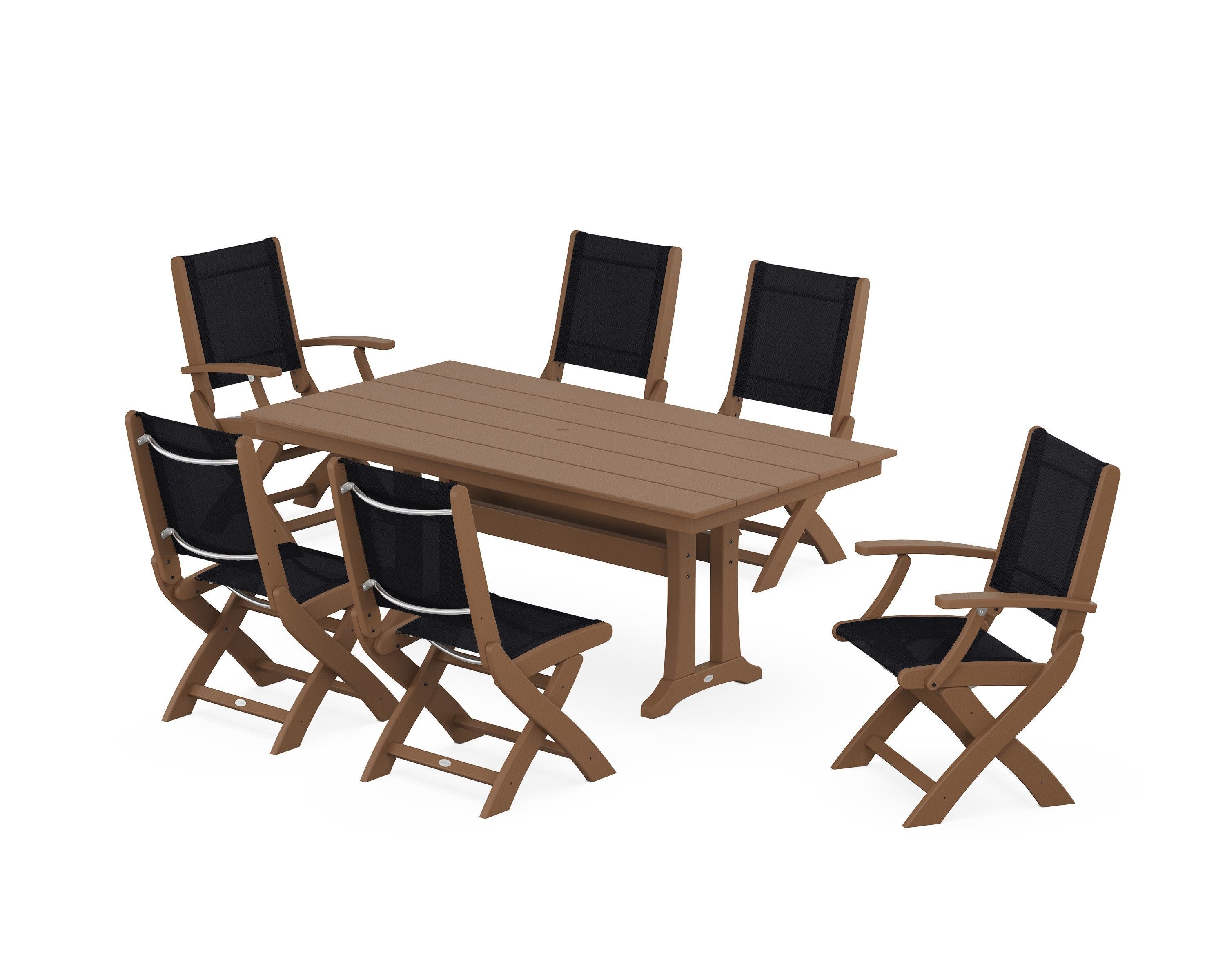 Coastal Folding Chair 7-Piece Farmhouse Dining Set with Trestle Legs in Teak / Black Sling
