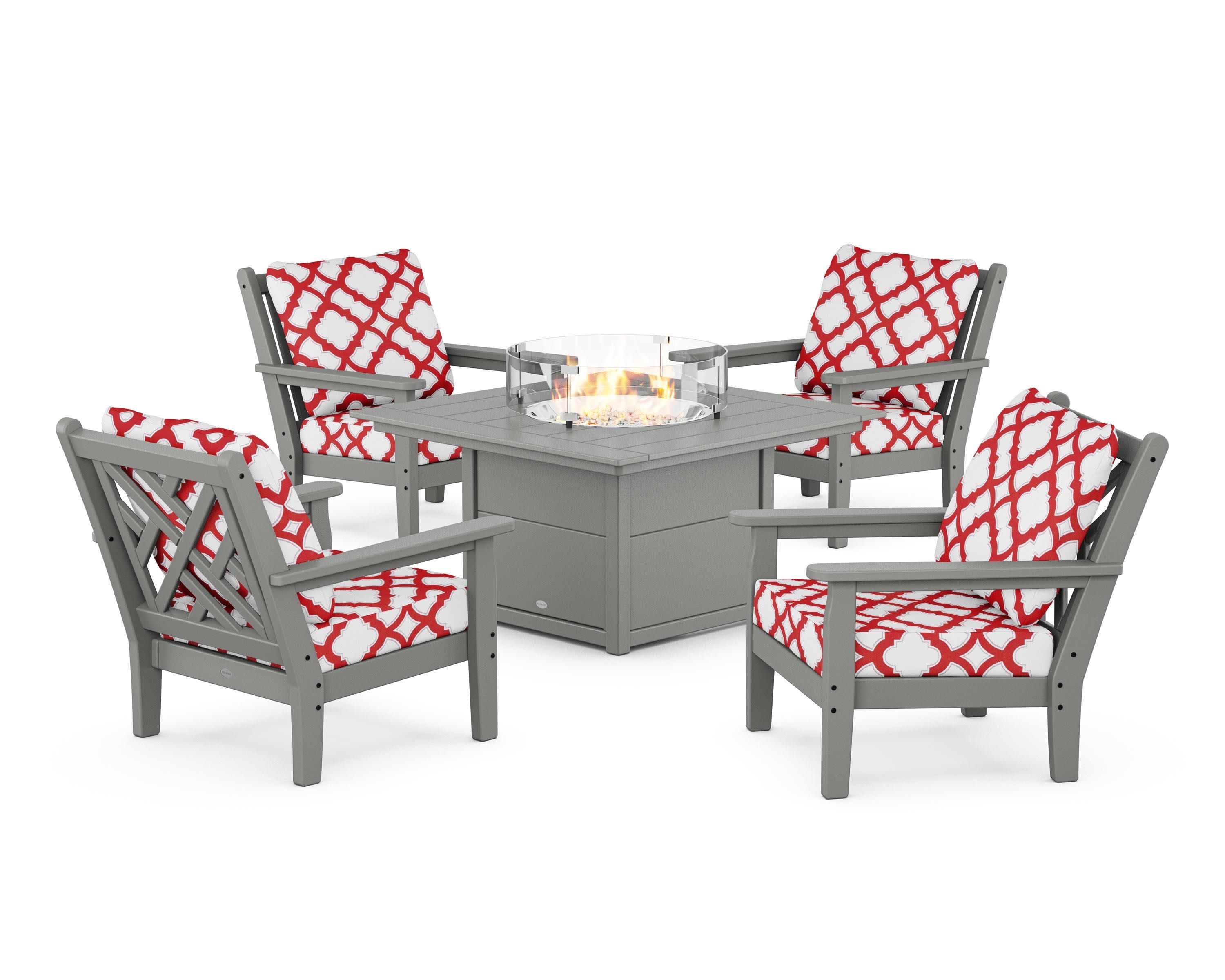 Chippendale 5-Piece Deep Seating Set with Fire Pit Table in Slate Grey / Trellis Crimson