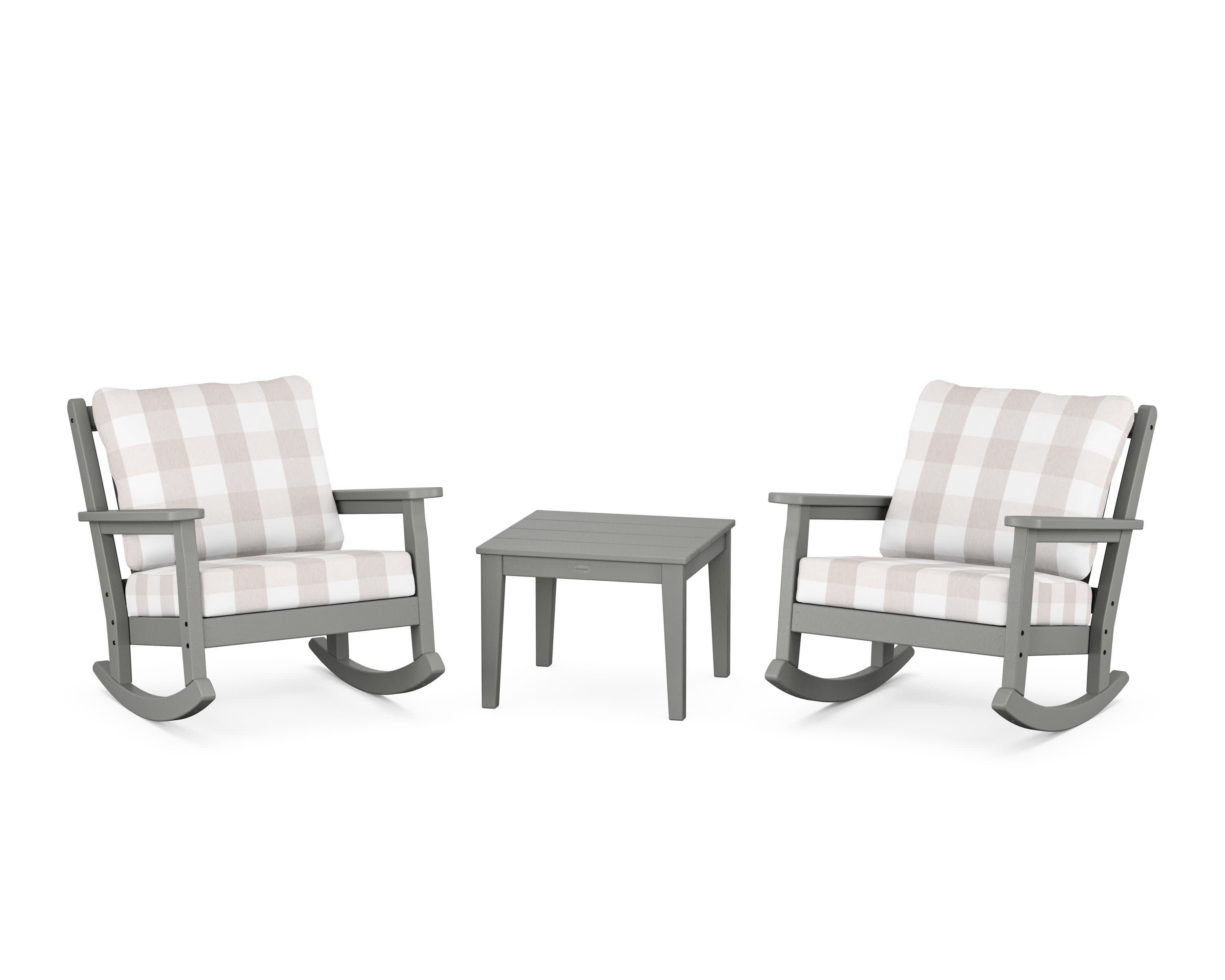 Chippendale 3-Piece Deep Seating Rocker Set in Slate Grey / Buffalo Plaid Dune Burlap