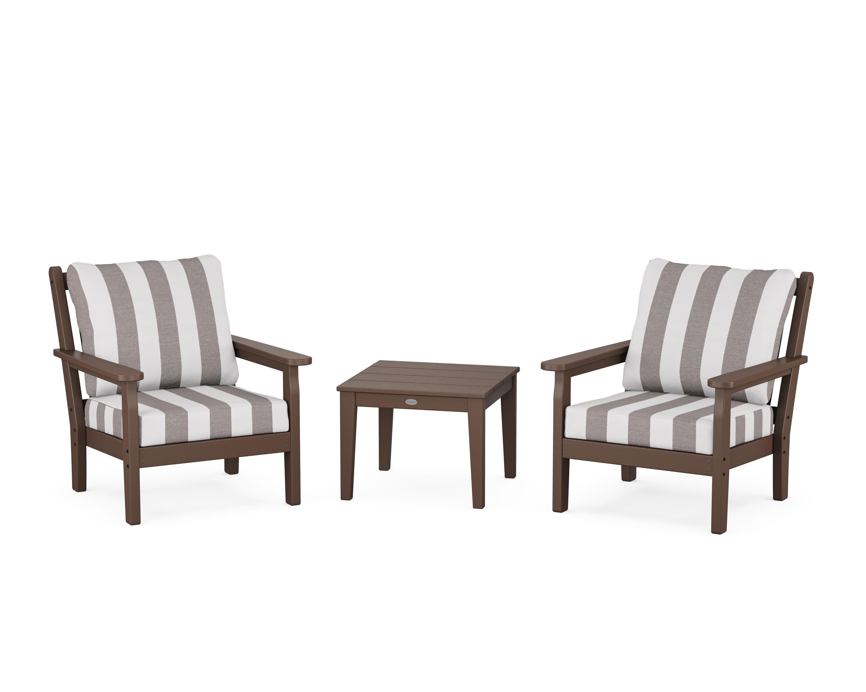 Chippendale 3-Piece Deep Seating Set in Mahogany / Cabana Stripe Grey Mist