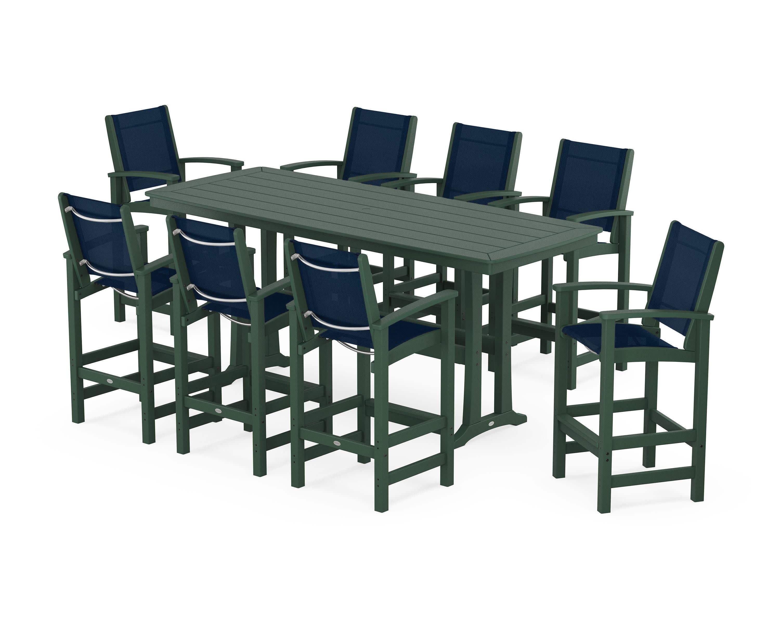 Coastal 9-Piece Bar Set with Trestle Legs in Green / Navy Blue Sling