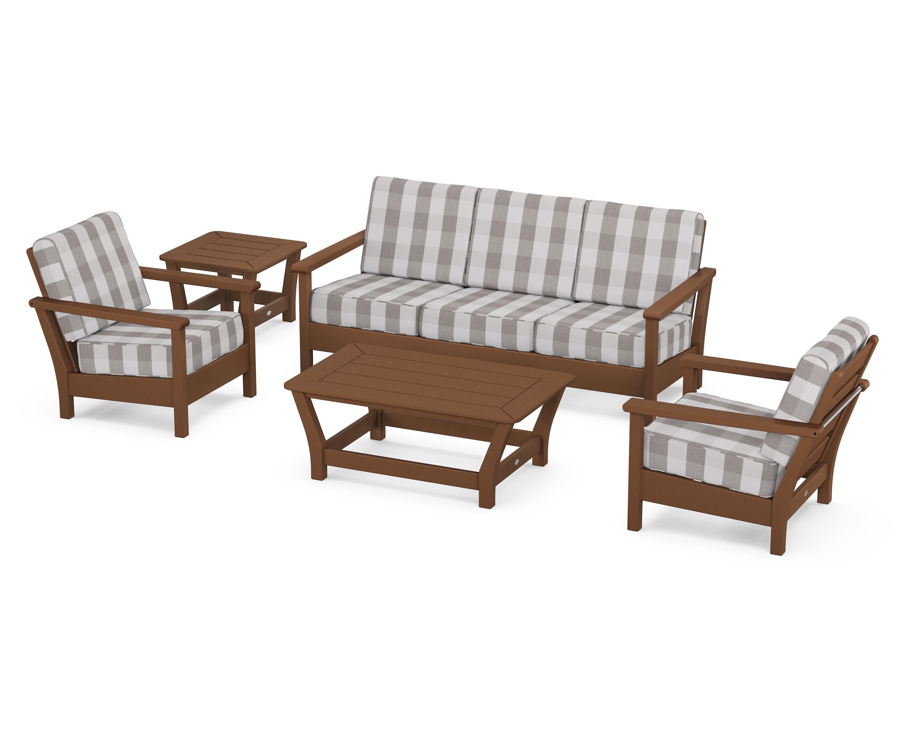 Harbour 5-Piece Deep Seating Set in Teak / Buffalo Plaid Grey Mist