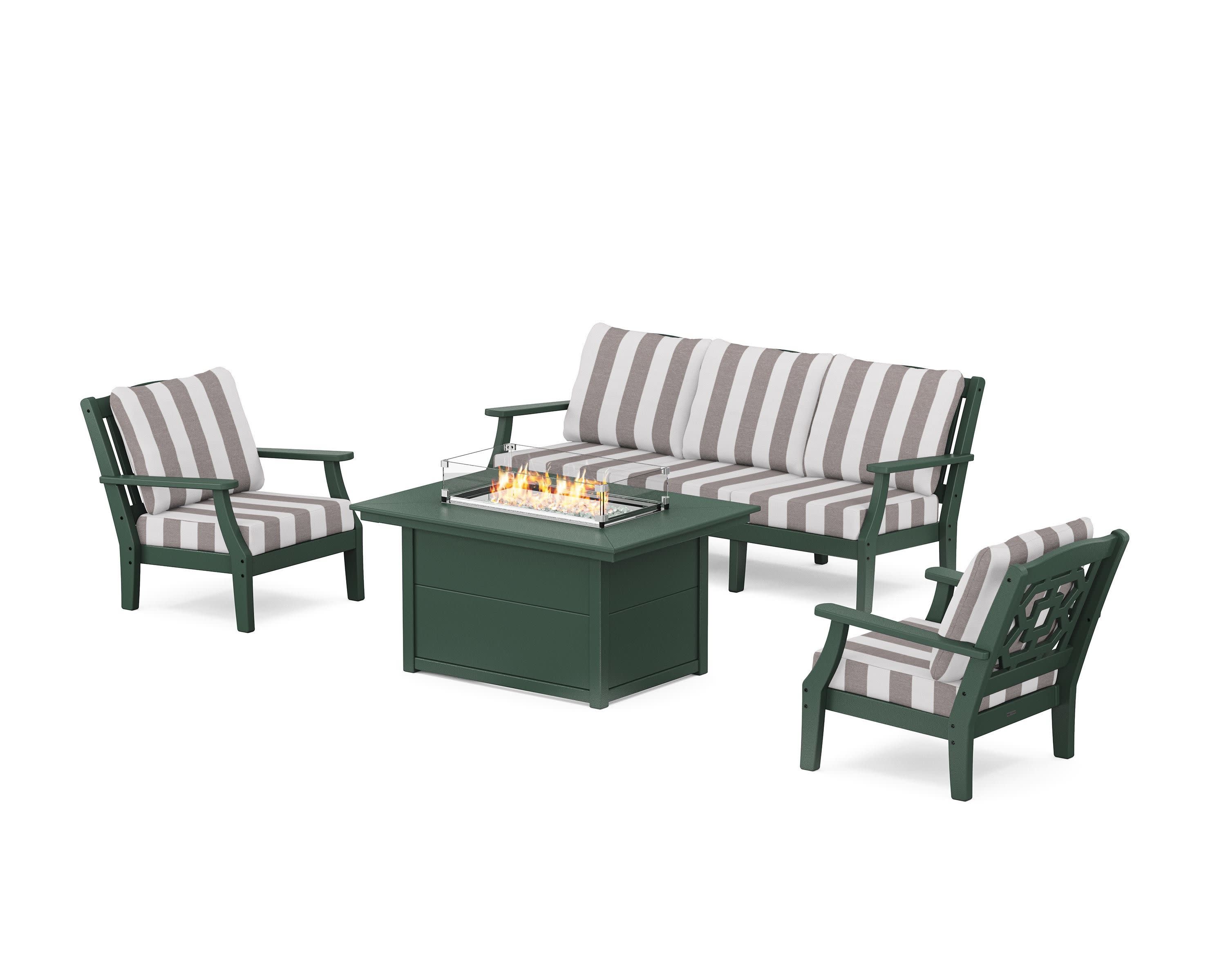 Chinoiserie Deep Seating Fire Pit Table Set in Green / Cabana Stripe Grey Mist